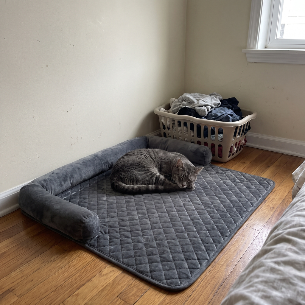 Dark grey plush pet sofa bed with a cat curled up in a bedroom - wrenwood ugc lifestyle v2