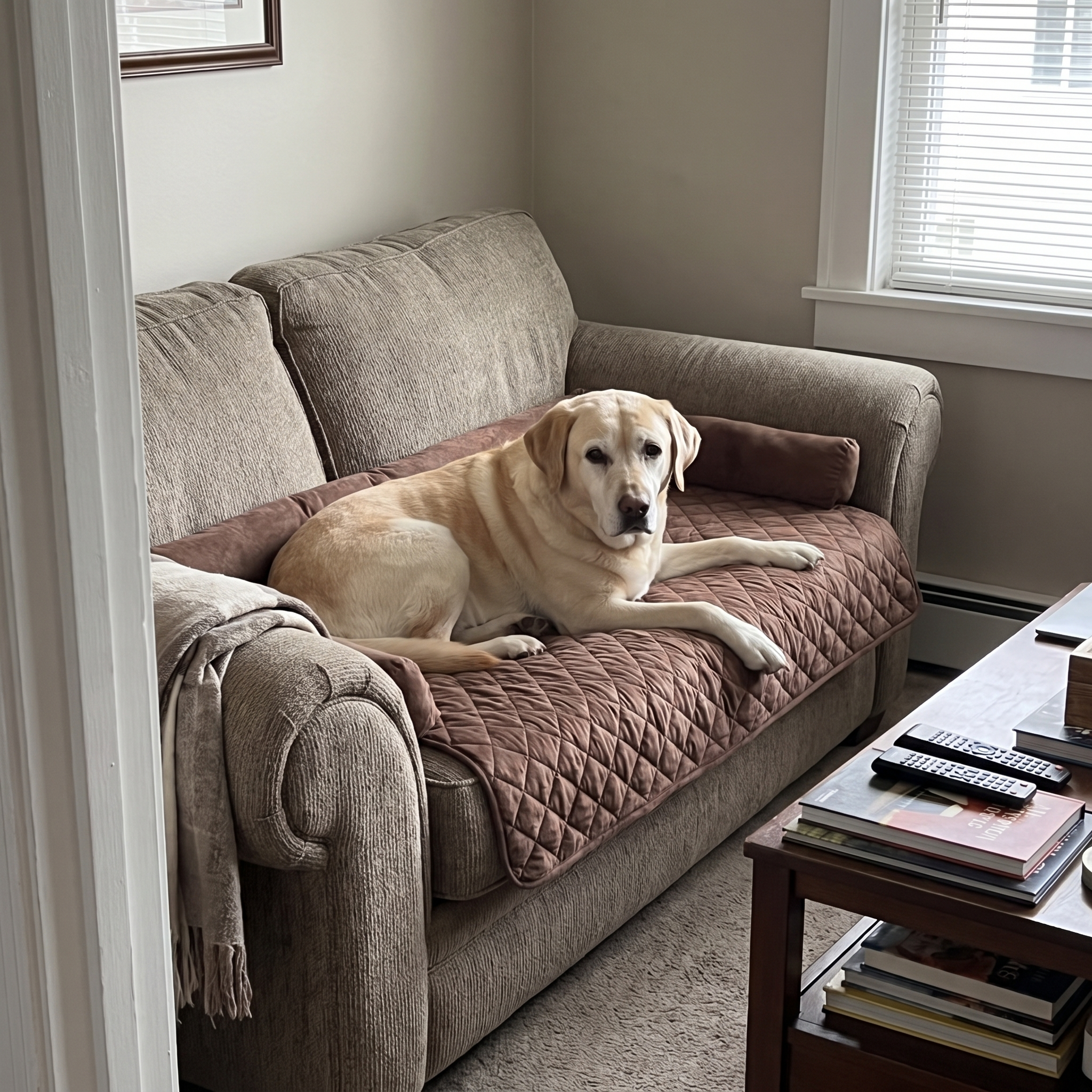 Brown plush pet sofa bed protecting a couch with a labrador - wrenwood ugc lifestyle v2
