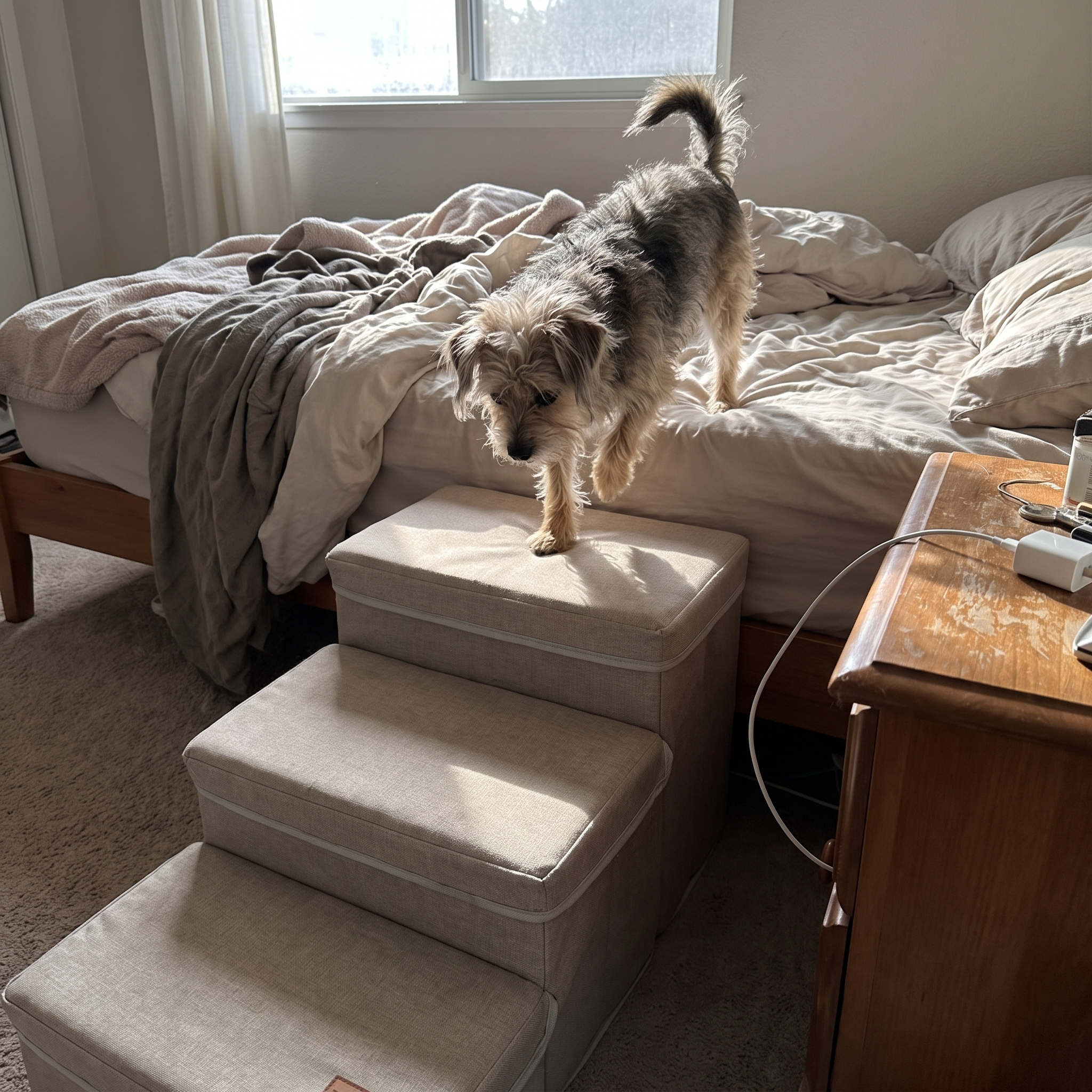 Terrier climbing down the beige plush pet stairs beside the bed - wrenwood ugc lifestyle v2