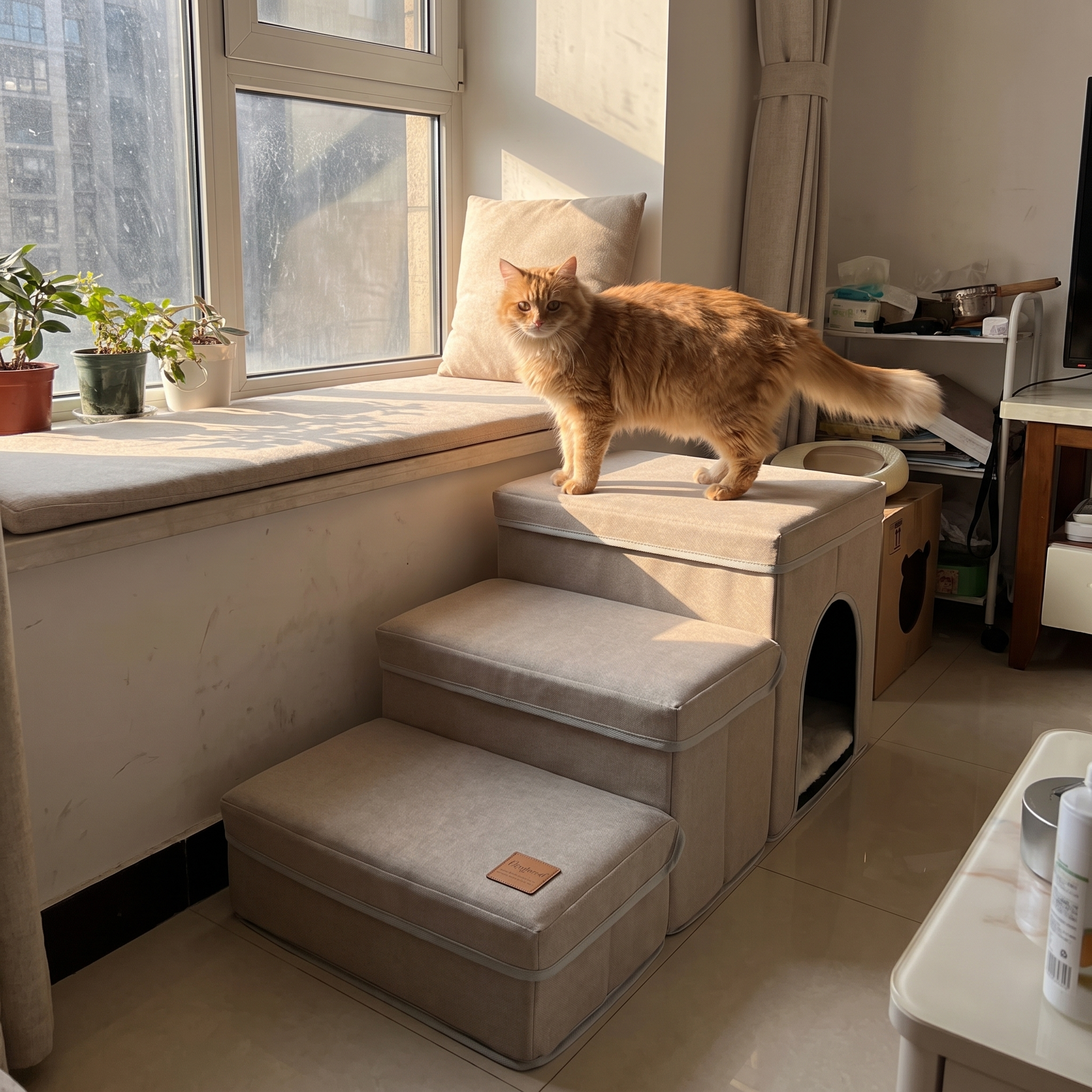 Orange cat on the beige plush pet stairs by the window perch - wrenwood ugc lifestyle v2