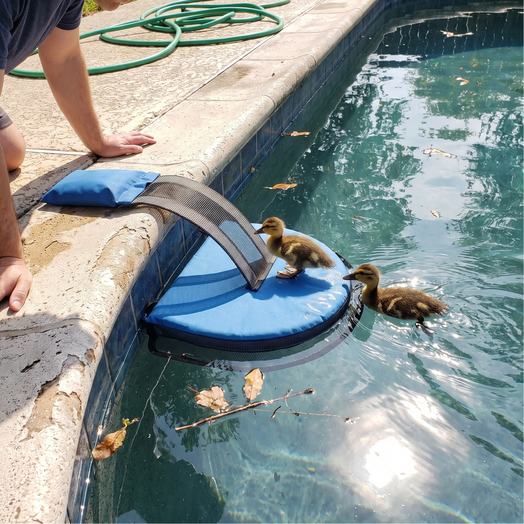 Ducklings climbing the floating pool escape ramp clipped to a backyard pool edge - wrenwood ugc lifestyle v2