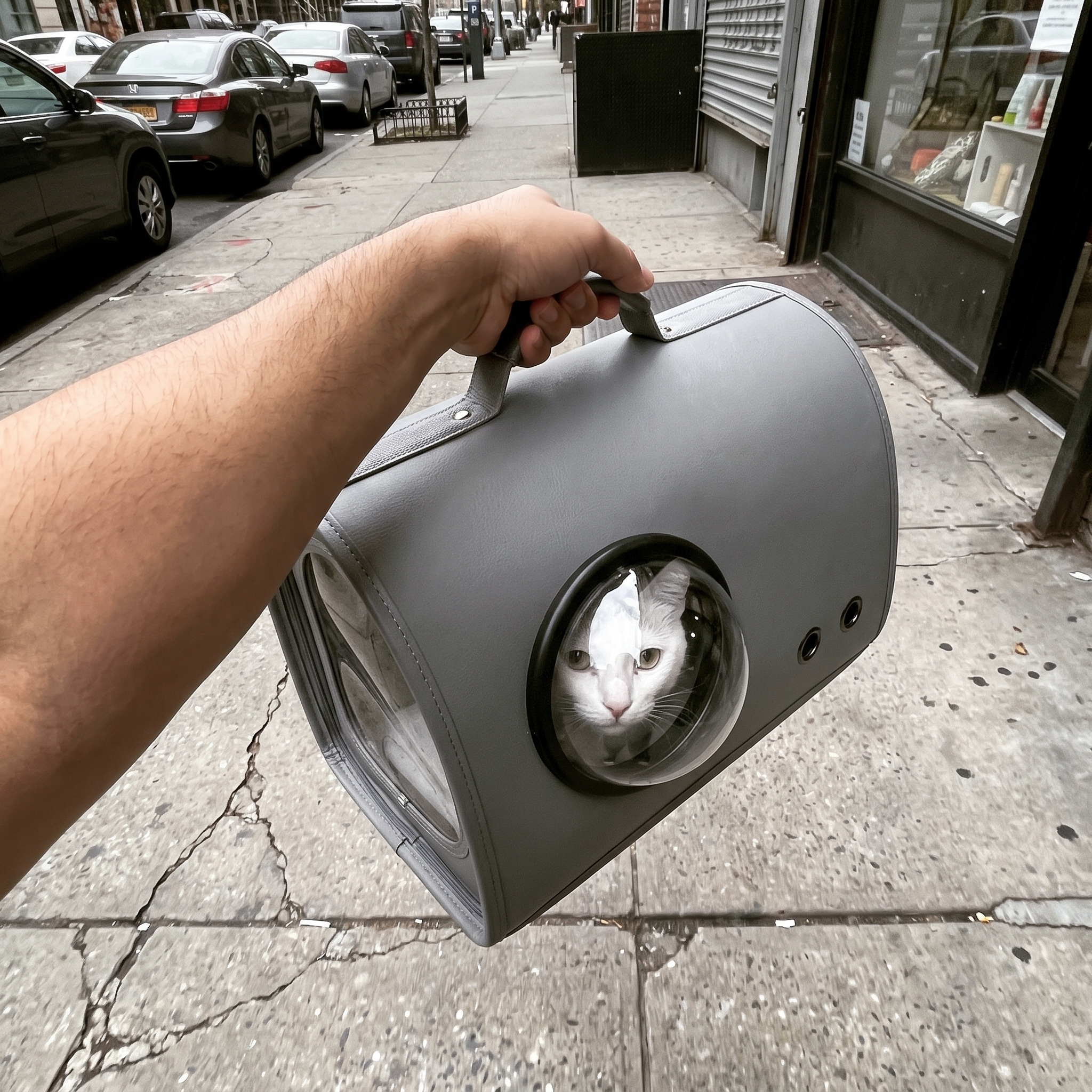 Grey pet handbag carrier held by the handle on a city sidewalk with a cat in the bubble window - wrenwood ugc lifestyle v2