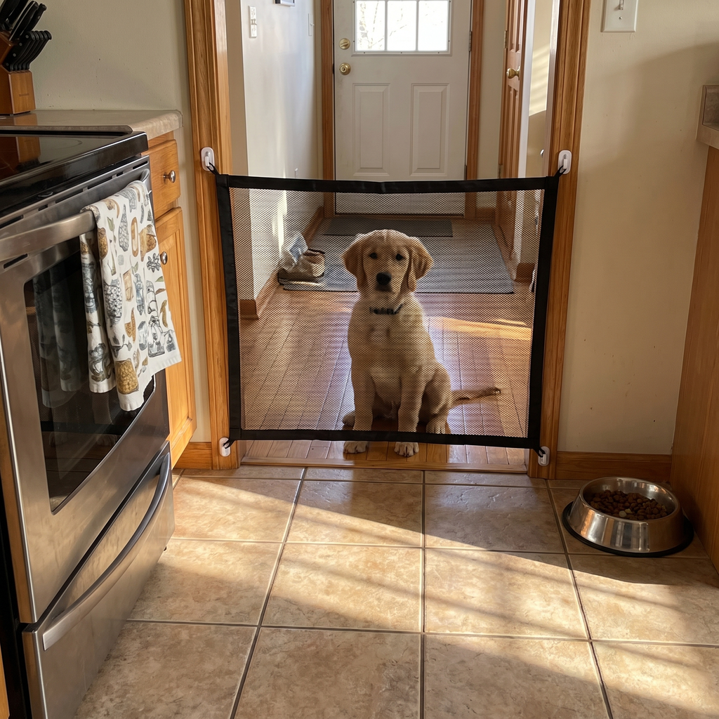 Golden retriever puppy behind the black mesh pet safety gate in a kitchen doorway - wrenwood ugc lifestyle v2