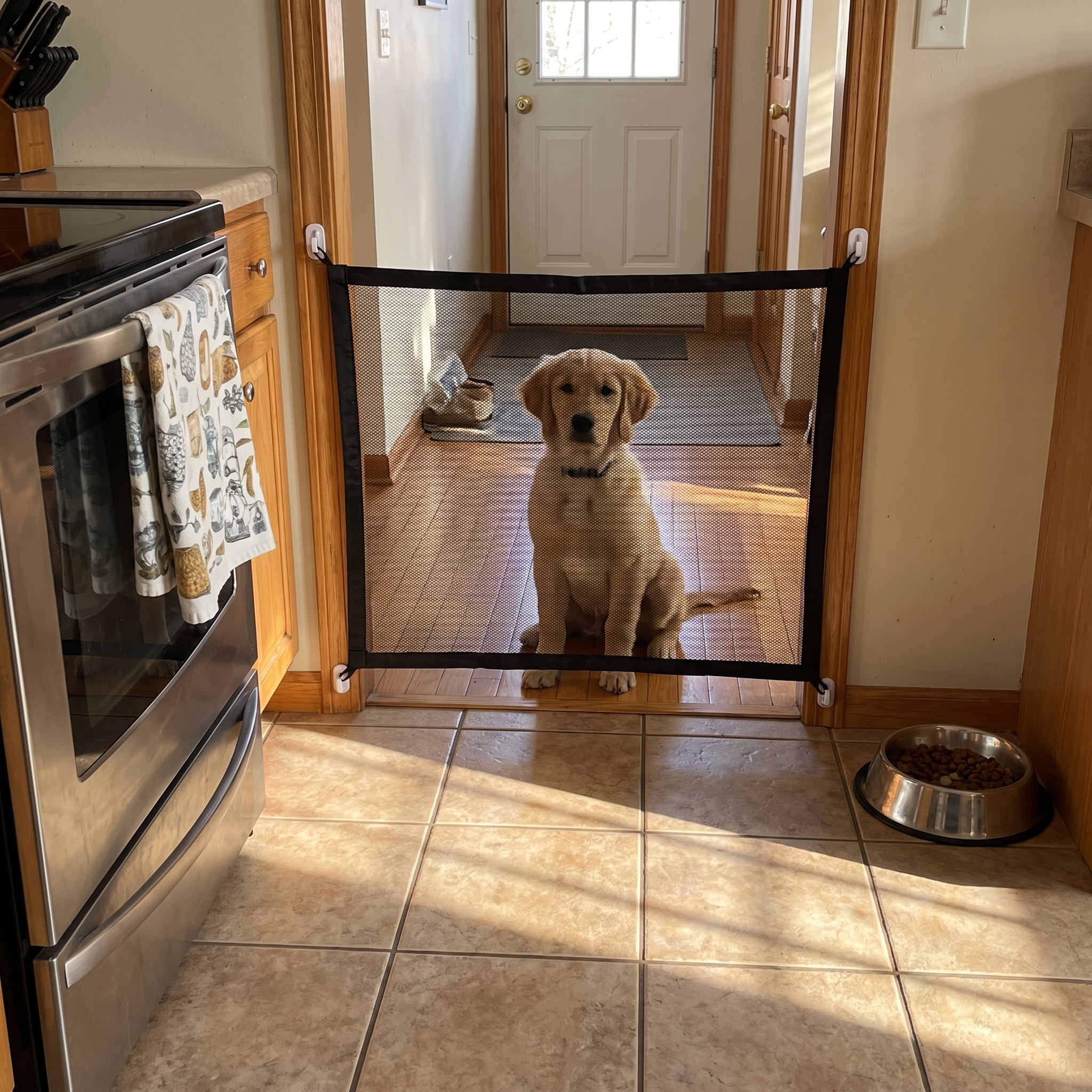 Golden retriever puppy behind the black mesh pet safety gate in a kitchen doorway - wrenwood ugc lifestyle v2