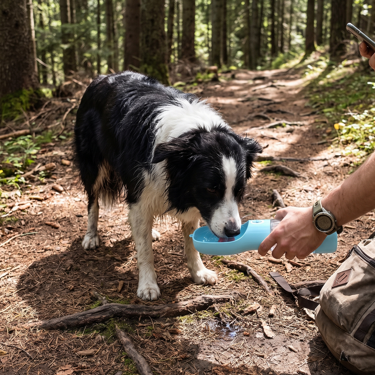 Border collie drinking from the blue portable travel water bottle on a forest trail - wrenwood ugc lifestyle v2
