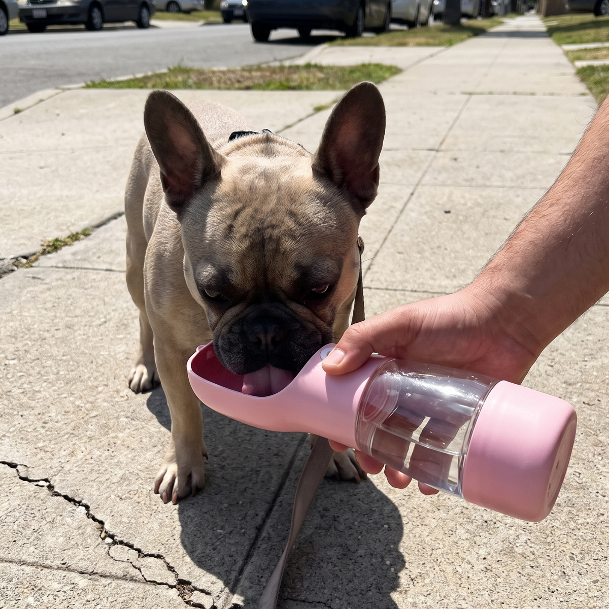 French bulldog drinking from the pink portable travel water bottle on a sidewalk walk - wrenwood ugc lifestyle v2