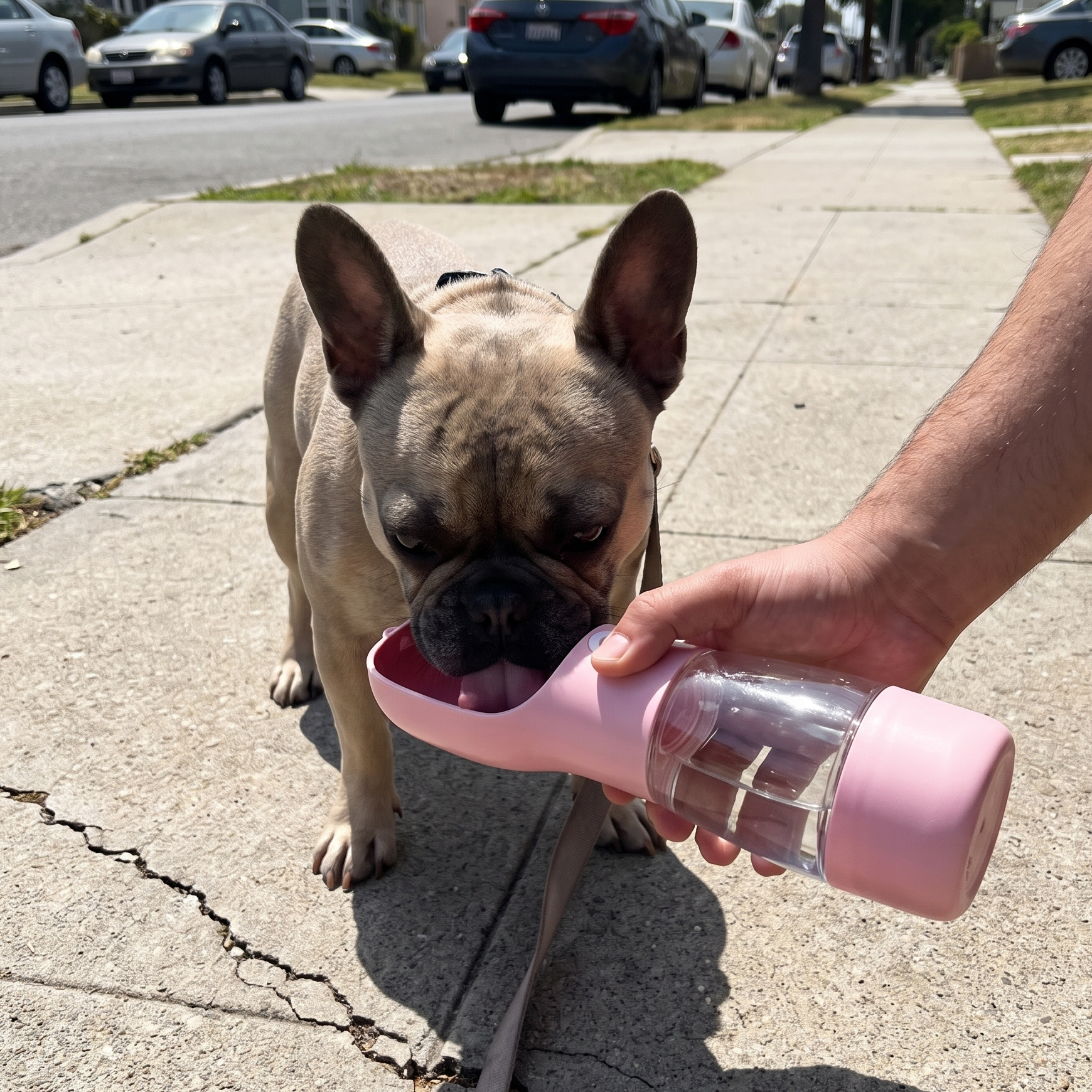 French bulldog drinking from the pink portable travel water bottle on a sidewalk walk - wrenwood ugc lifestyle v2