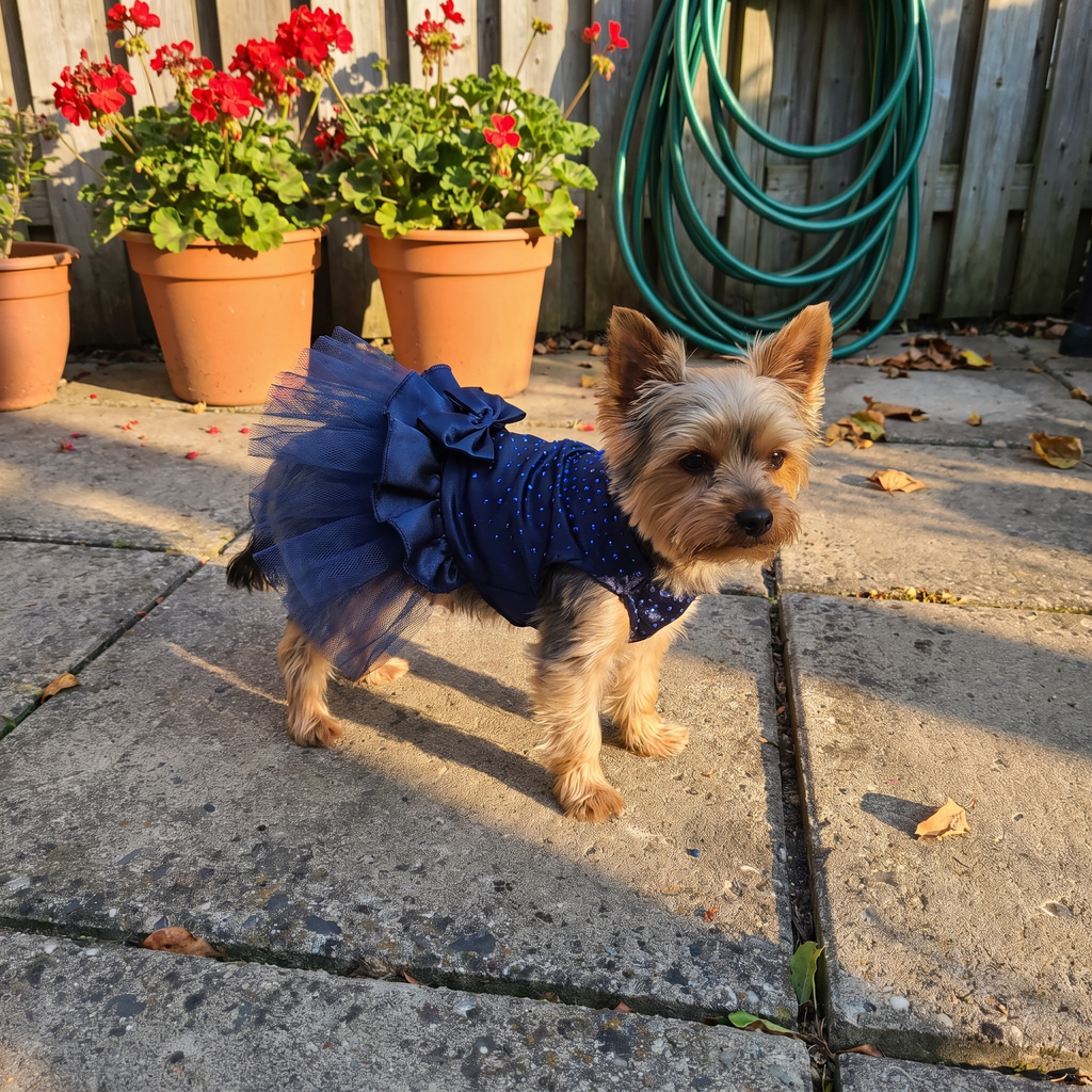 Yorkshire terrier wearing the navy blue princess dog dress on a backyard patio - wrenwood ugc lifestyle v2