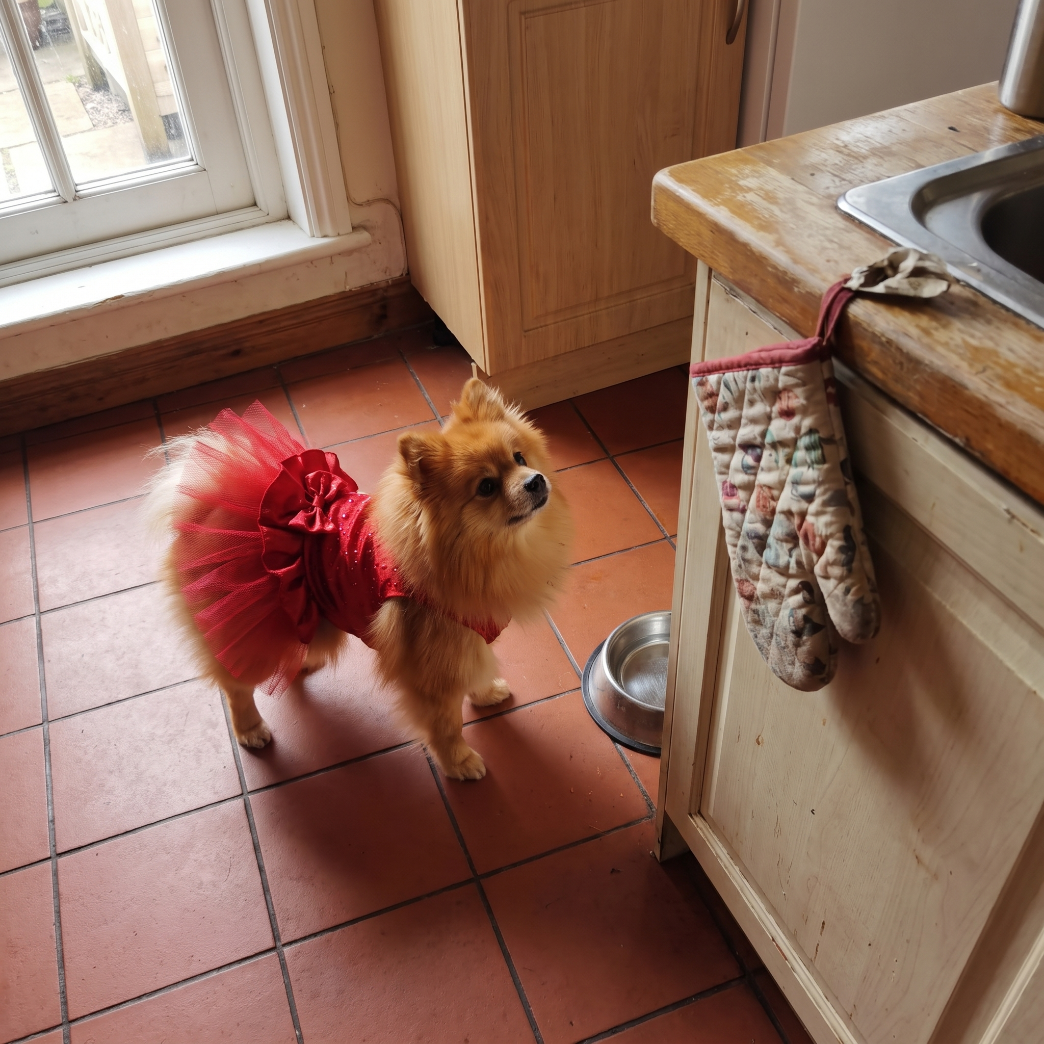 Pomeranian wearing the red princess dog dress in the kitchen - wrenwood ugc lifestyle v2