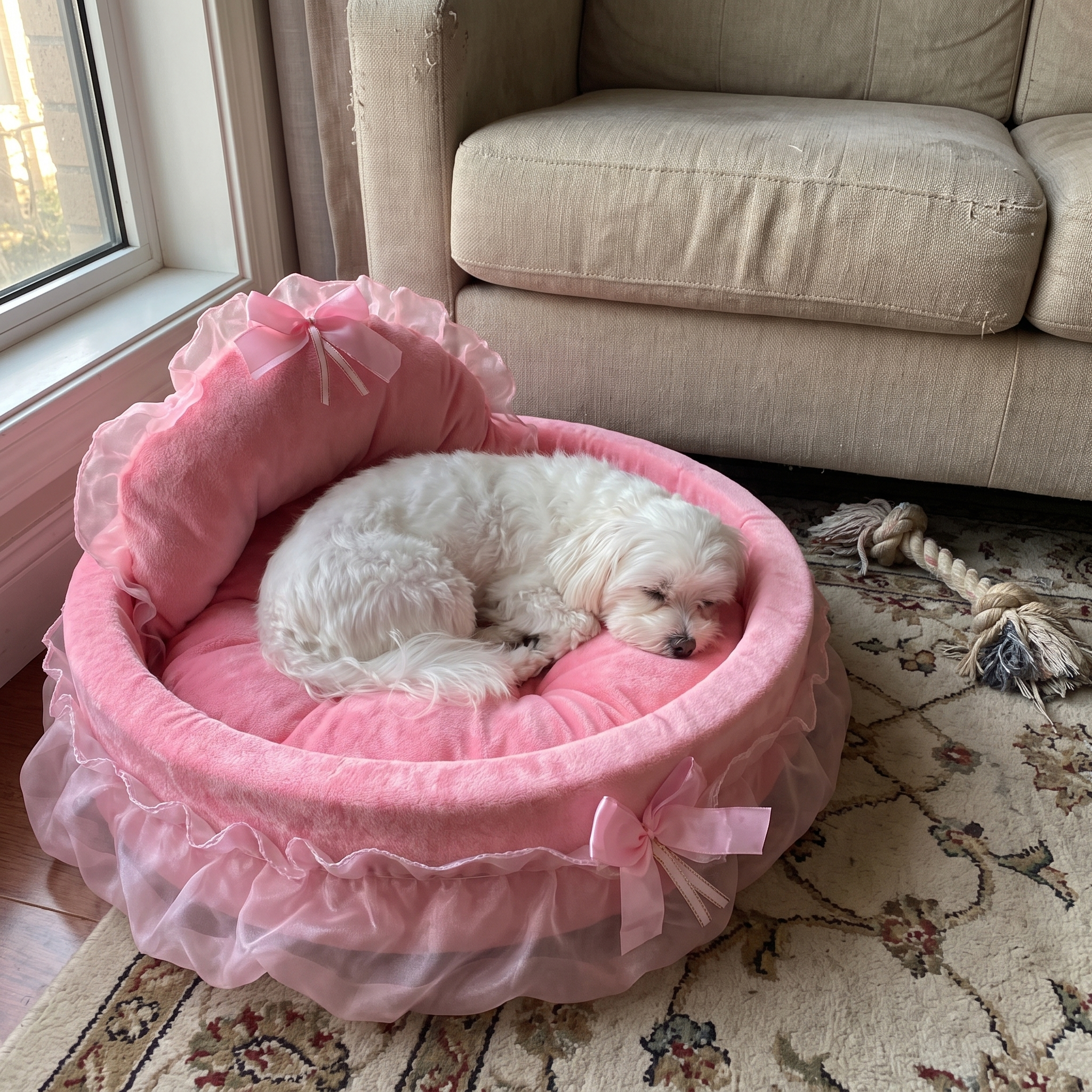 Maltese asleep in the pink princess pet bed beside a living room sofa - wrenwood ugc lifestyle v2