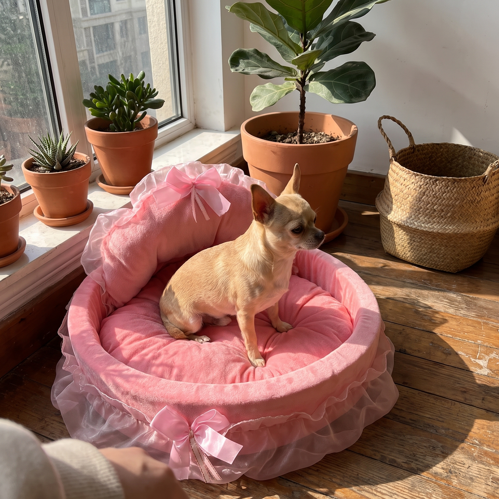 Chihuahua sitting in the princess pet bed in a sunny plant nook - wrenwood ugc lifestyle v2