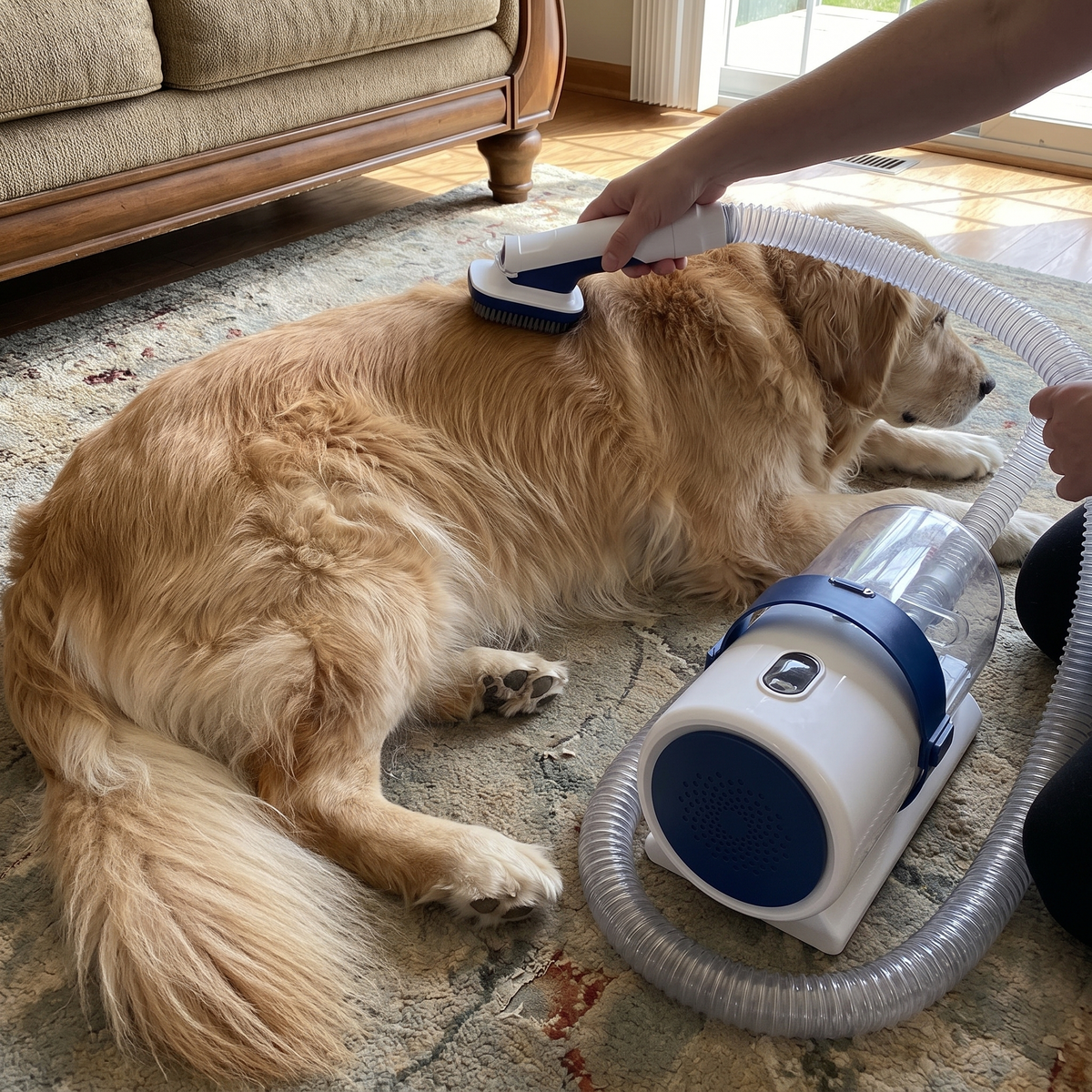 Golden retriever being brushed with the grooming vacuum kit on a living room rug - wrenwood ugc lifestyle v2