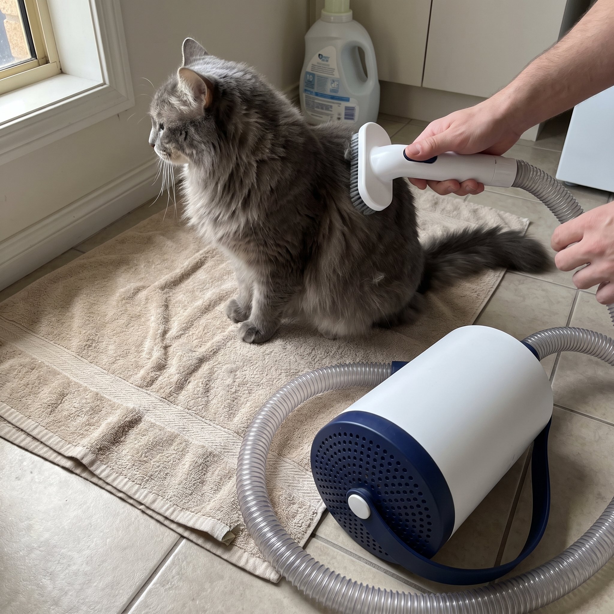 Grey long-haired cat groomed with the vacuum kit brush in a laundry room - wrenwood ugc lifestyle v2