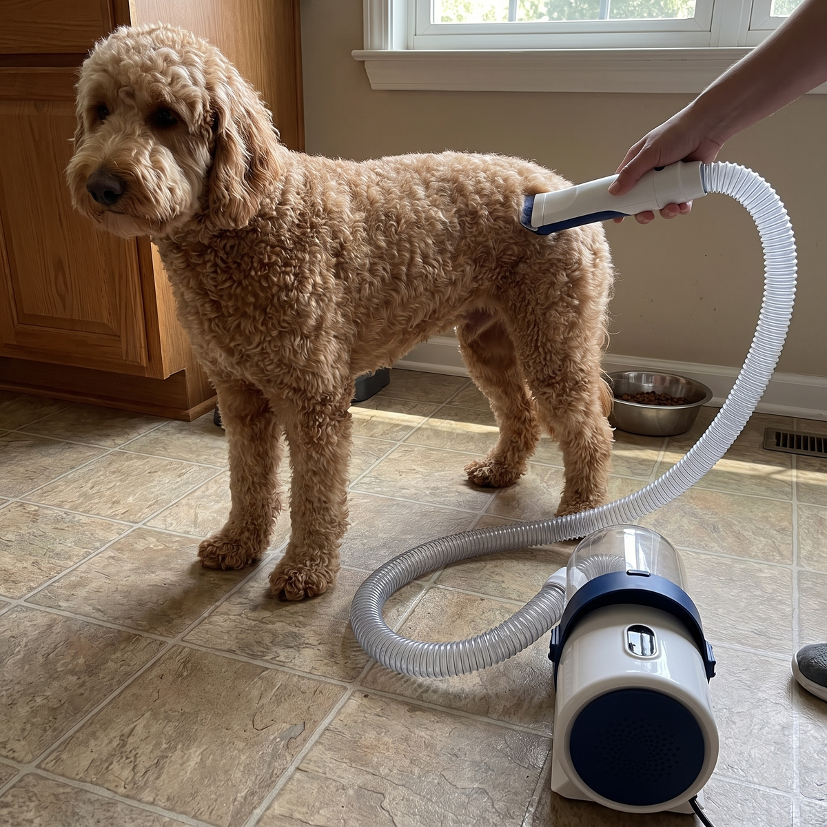 Labradoodle groomed with the vacuum clipper attachment in a kitchen - wrenwood ugc lifestyle v2
