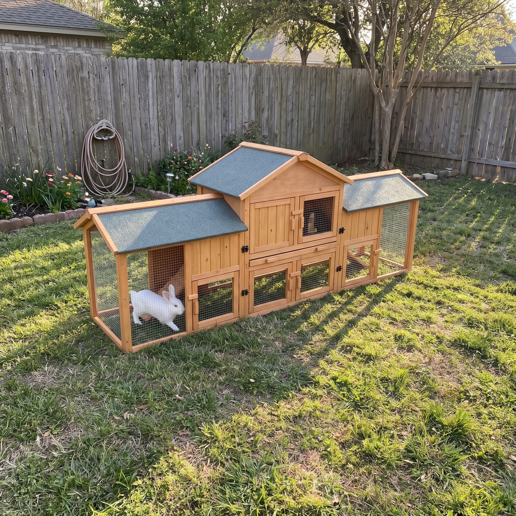 Wide backyard view of the oversized rabbit cage with a white rabbit in the run - wrenwood ugc lifestyle v2