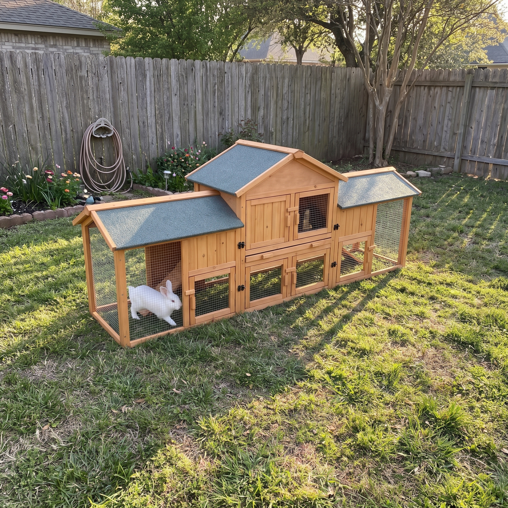 Wide backyard view of the oversized rabbit cage with a white rabbit in the run - wrenwood ugc lifestyle v2