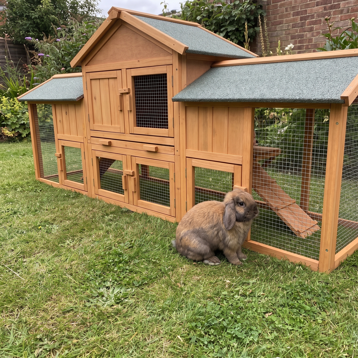 Lop-eared rabbit at bunny level beside the oversized rabbit cage - wrenwood ugc lifestyle v2