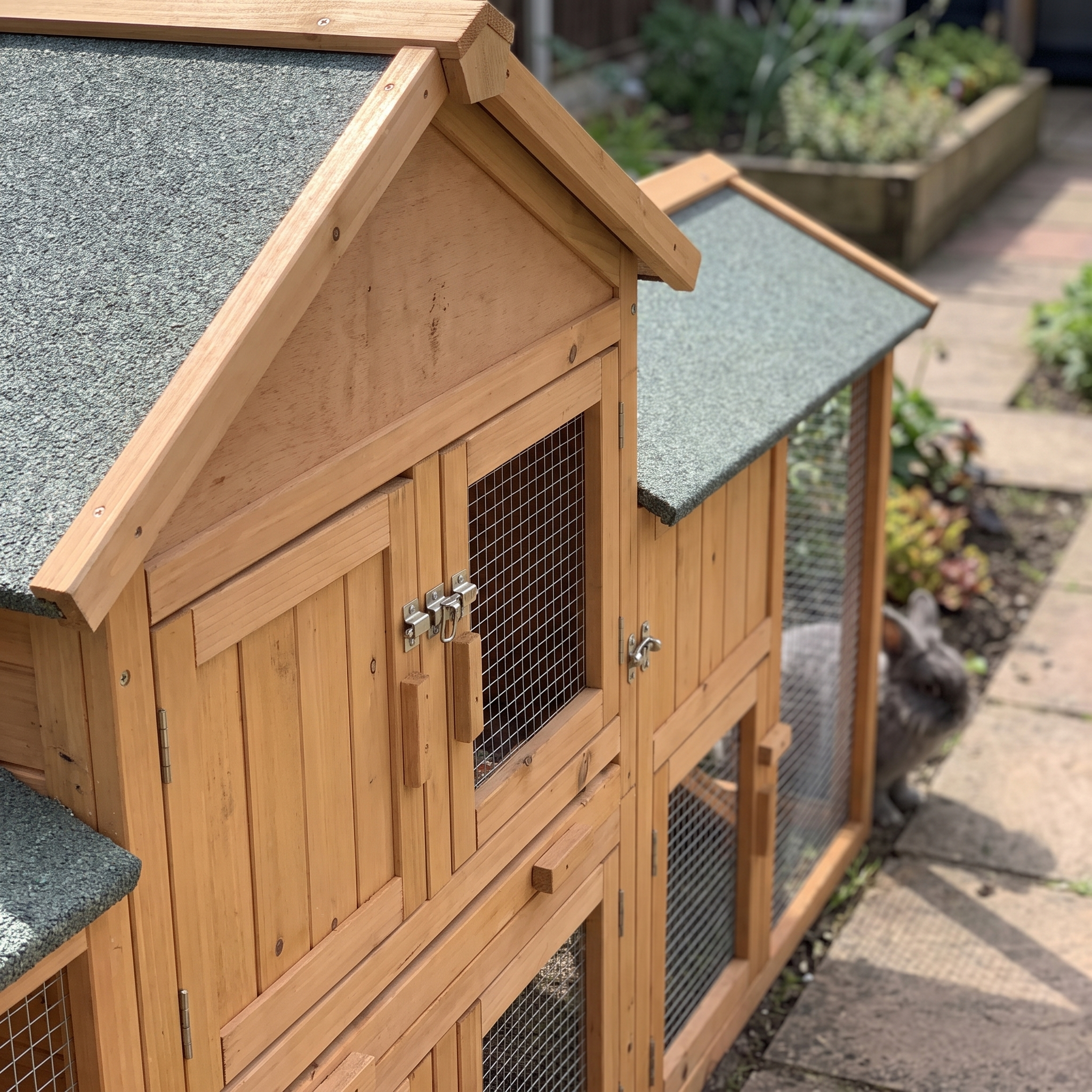 Close detail of the oversized rabbit cage door latch with a grey rabbit nearby - wrenwood ugc lifestyle v2