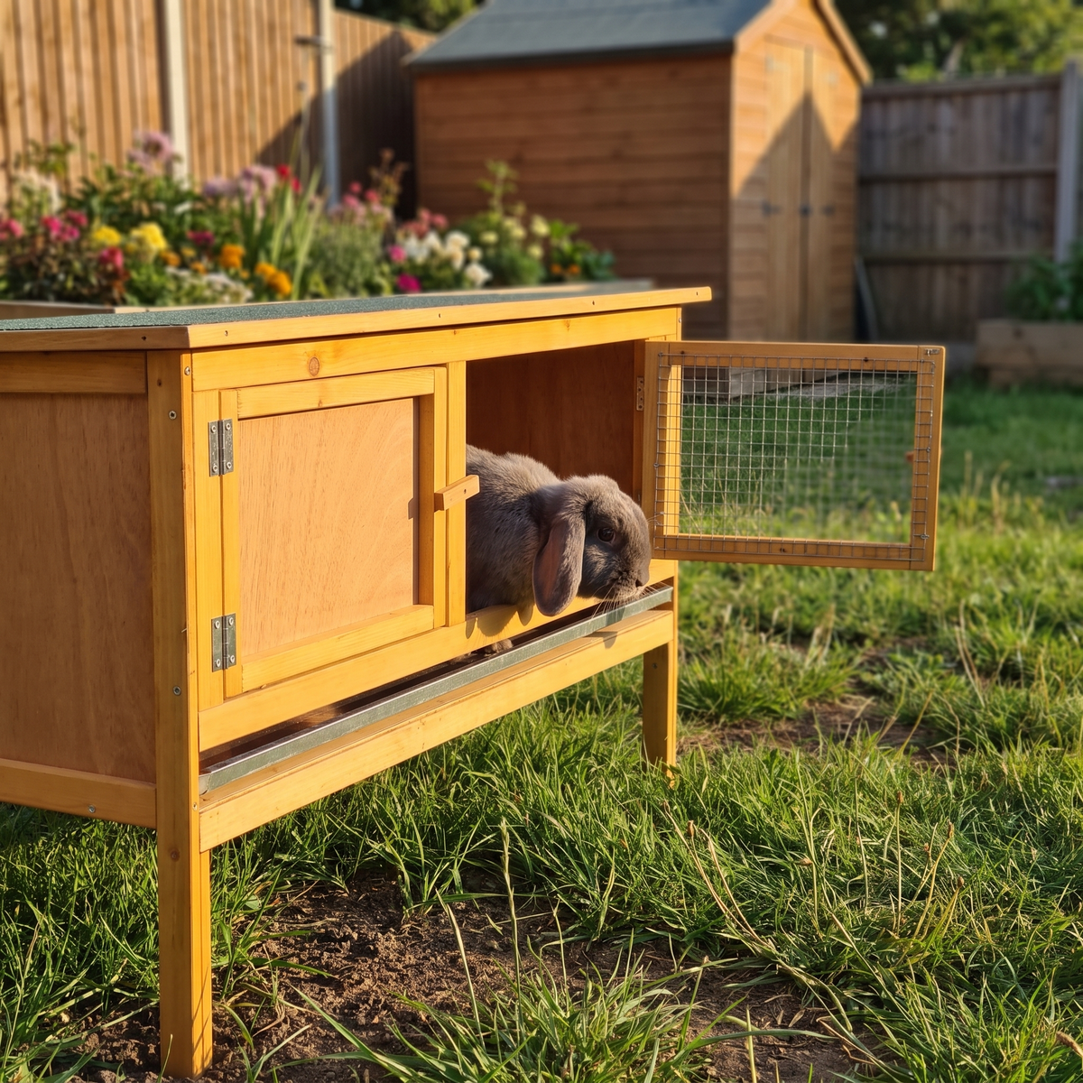 Lop rabbit peeking from the raised hutch mesh door at golden hour - wrenwood ugc lifestyle v2