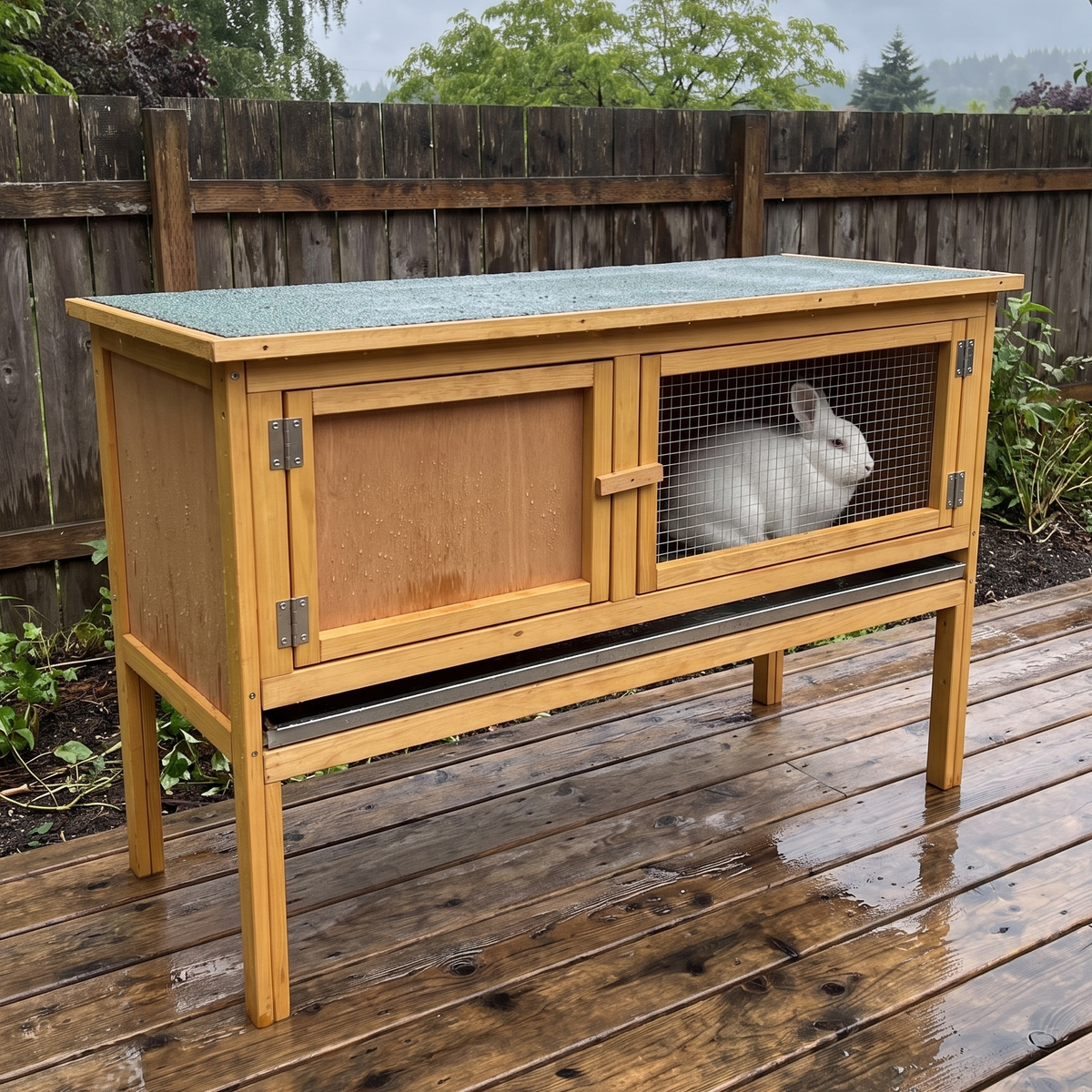 White rabbit inside the raised hutch on a wet deck after rain - wrenwood ugc lifestyle v2