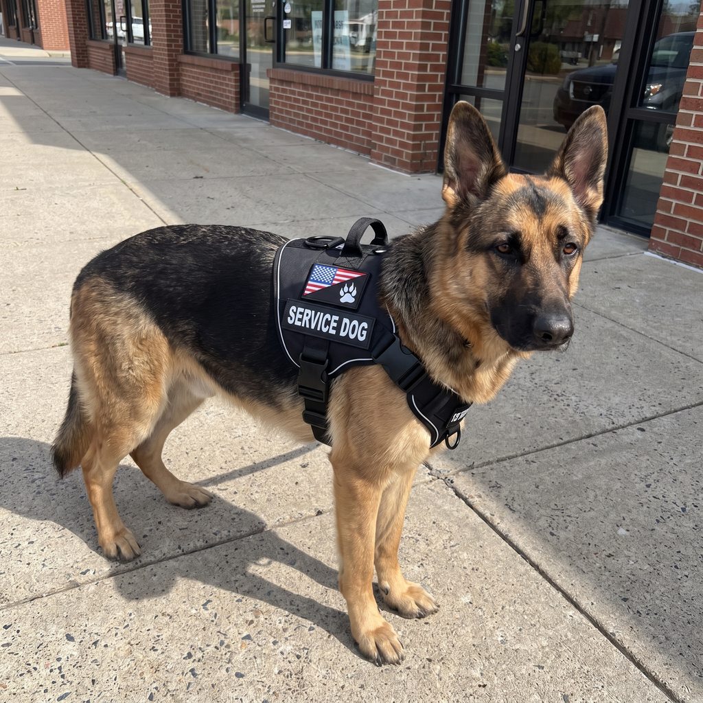 German Shepherd wearing the black service dog harness on a storefront sidewalk - wrenwood ugc lifestyle v2