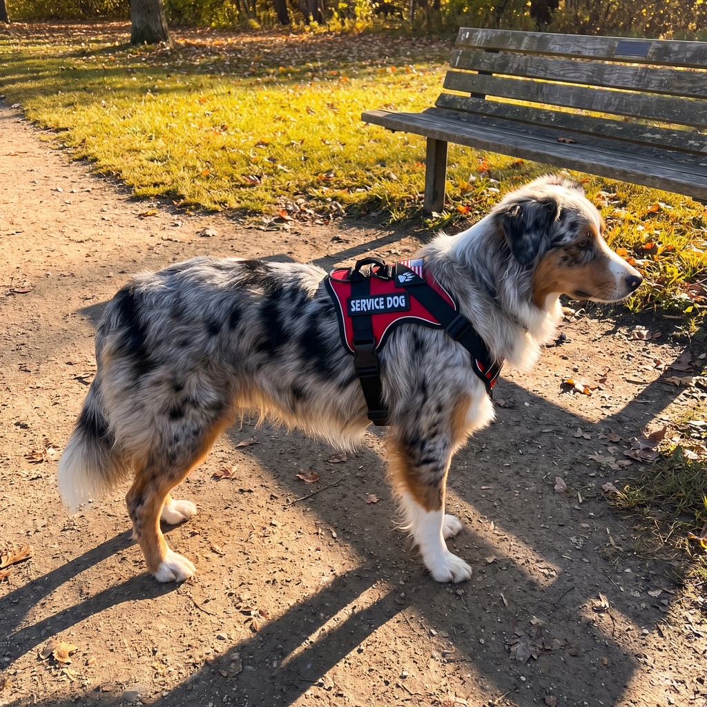 Australian Shepherd wearing the red service dog harness on a park path - wrenwood ugc lifestyle v2