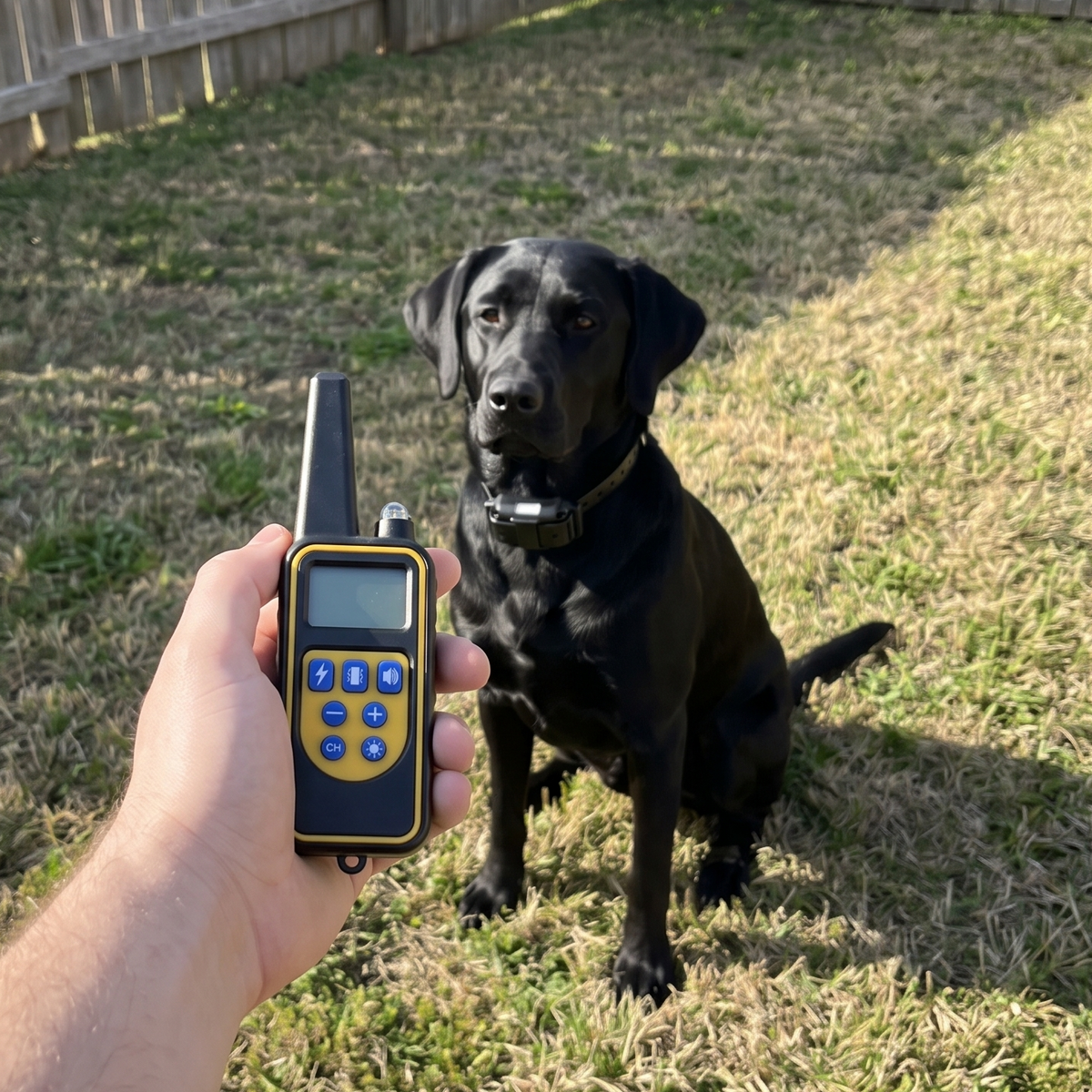 Black Labrador wearing the remote training collar with the remote in hand in a backyard - wrenwood ugc lifestyle v2
