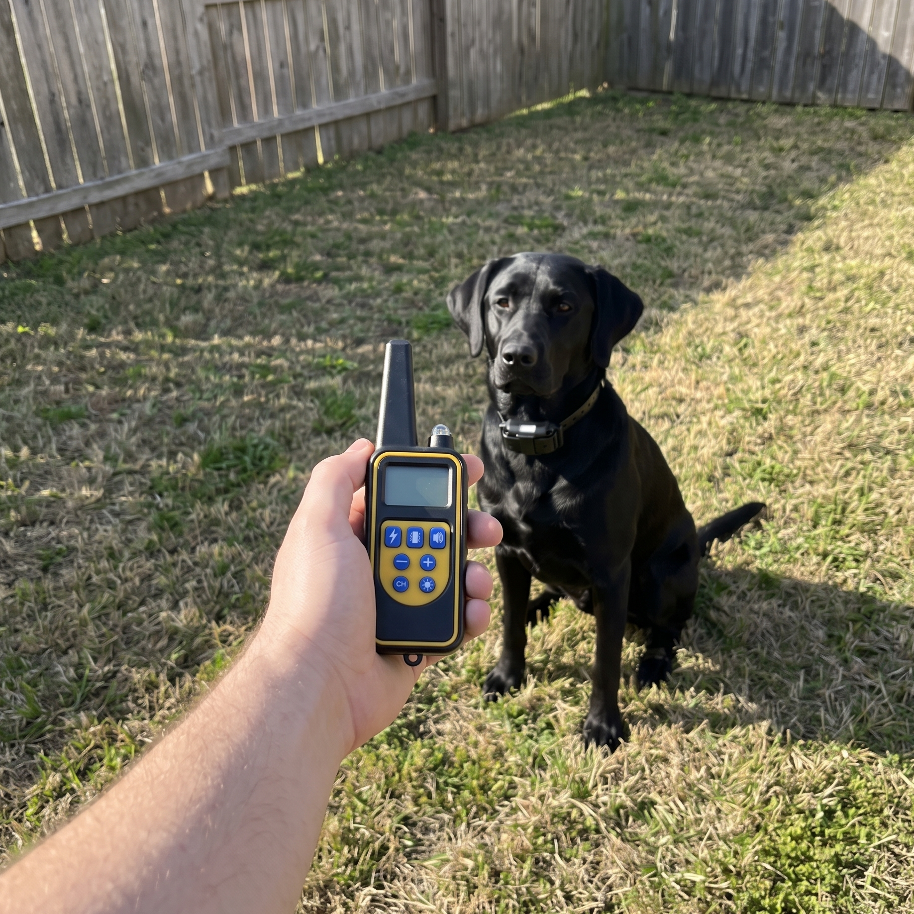 Black Labrador wearing the remote training collar with the remote in hand in a backyard - wrenwood ugc lifestyle v2
