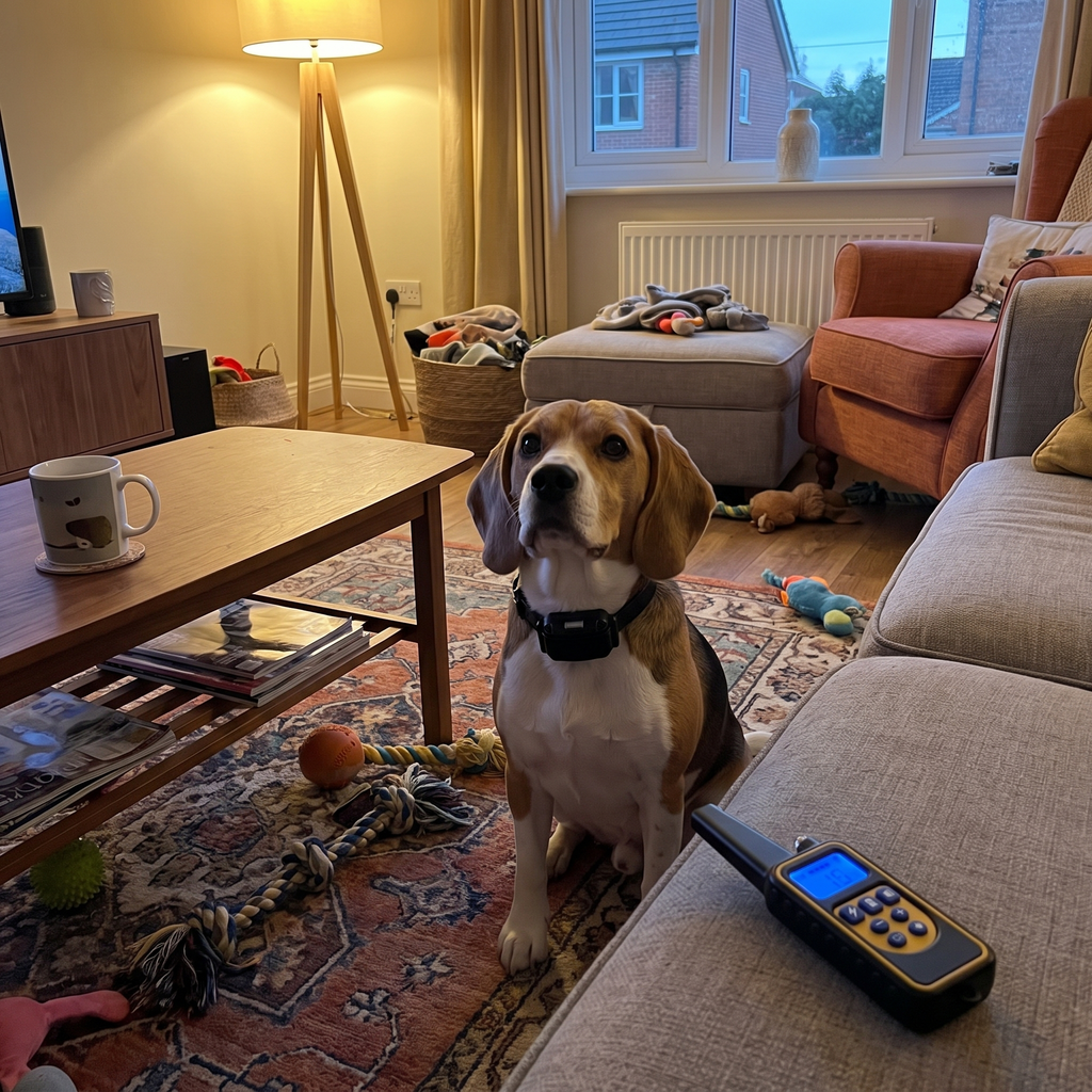 Beagle wearing the remote training collar in a living room with the remote nearby - wrenwood ugc lifestyle v2