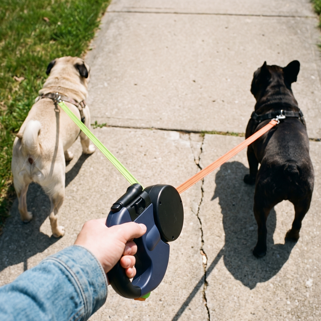 Pug and French bulldog walking on one dual retractable leash down a sidewalk - wrenwood ugc lifestyle v2