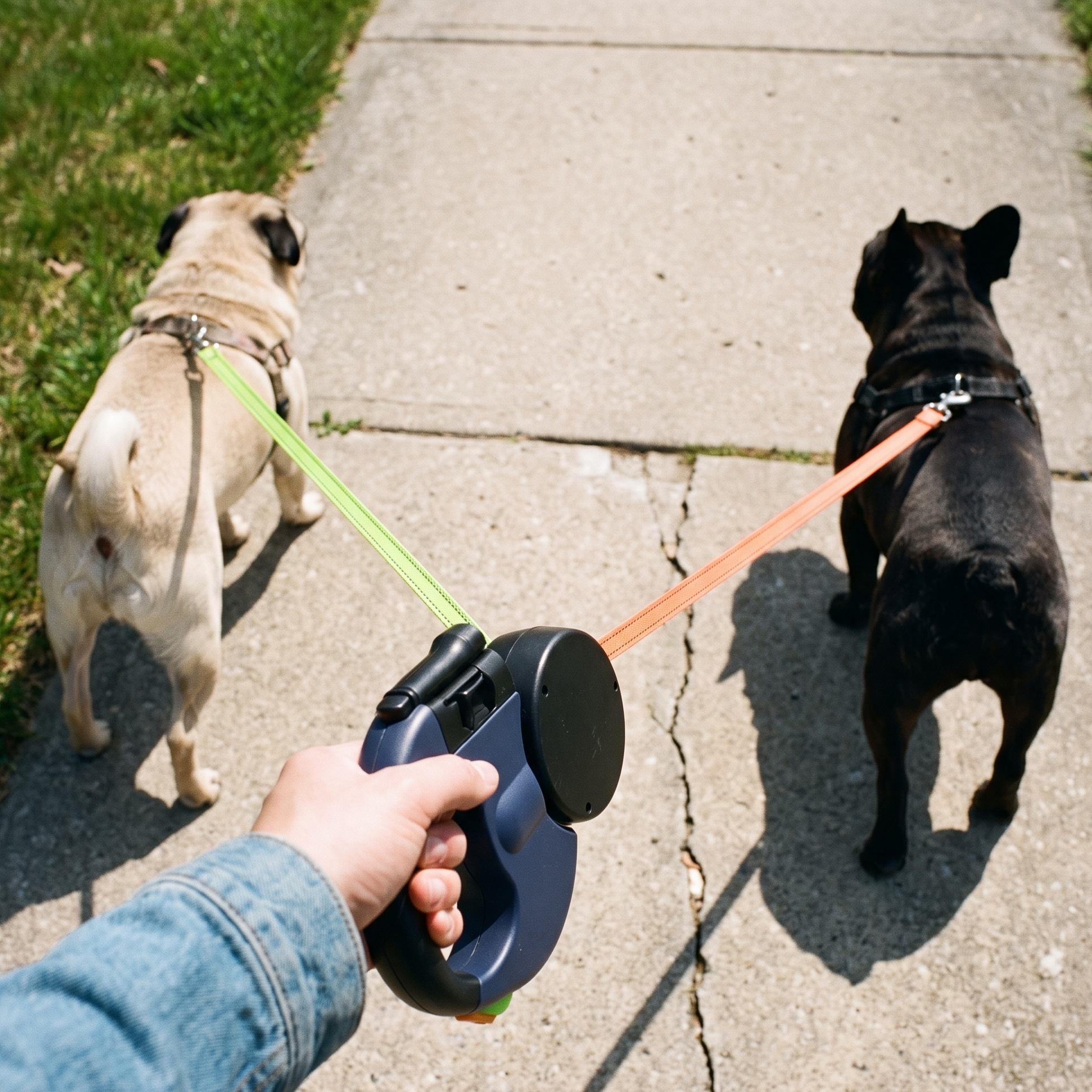 Pug and French bulldog walking on one dual retractable leash down a sidewalk - wrenwood ugc lifestyle v2