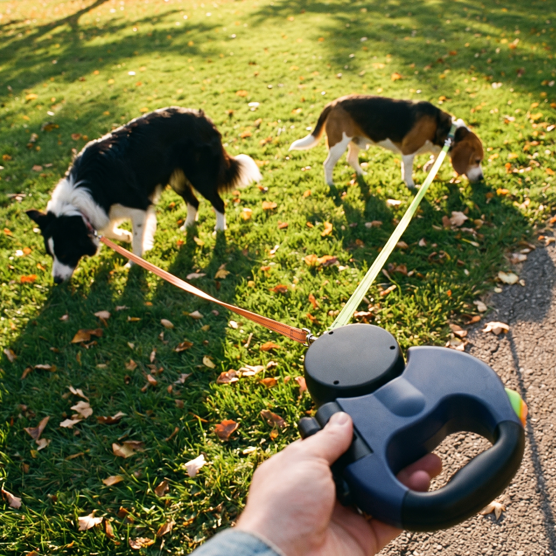 Beagle and border collie on the dual retractable leash in a city park - wrenwood ugc lifestyle v2