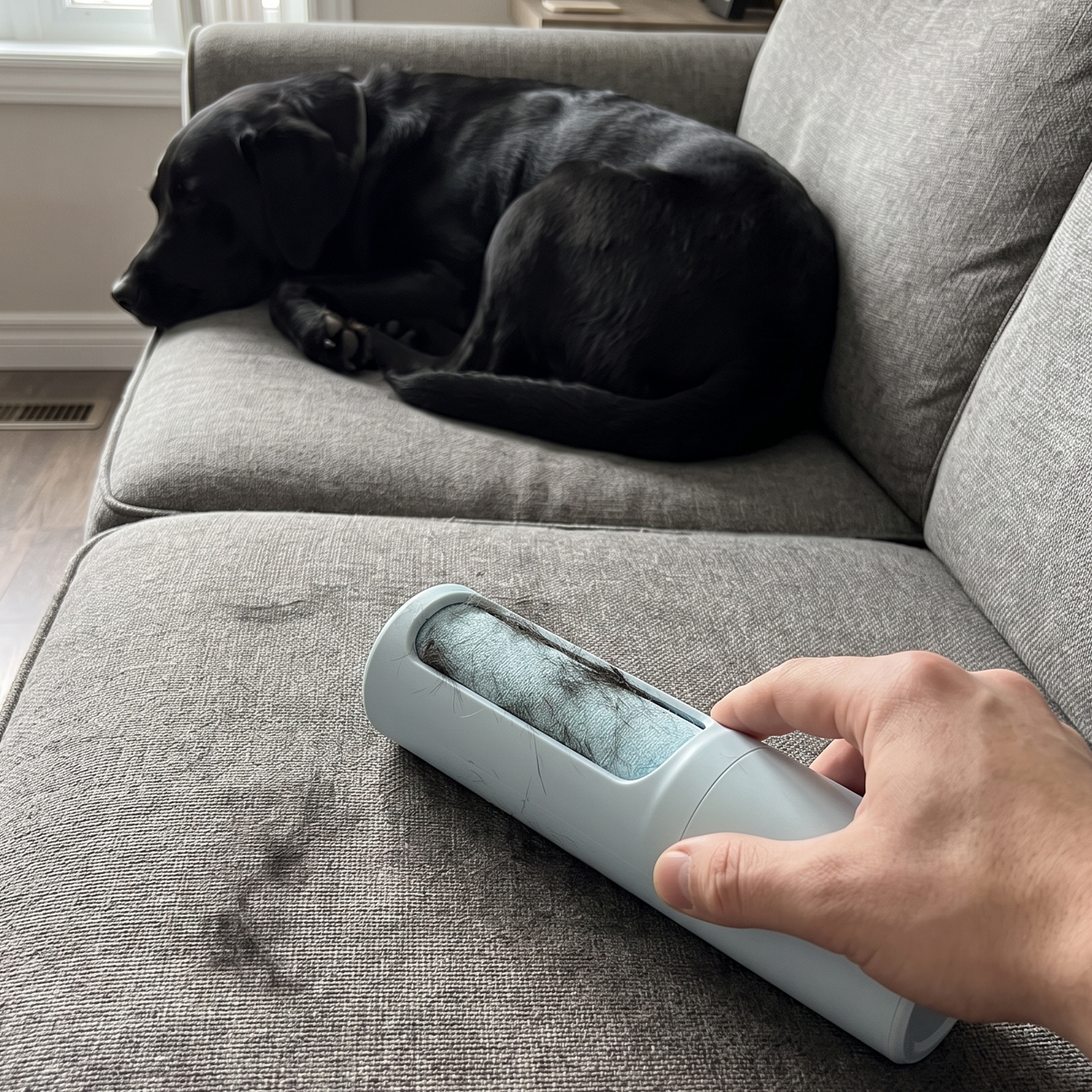 Blue reusable pet hair remover rolling black Lab fur off a gray sofa cushion - wrenwood ugc lifestyle v2