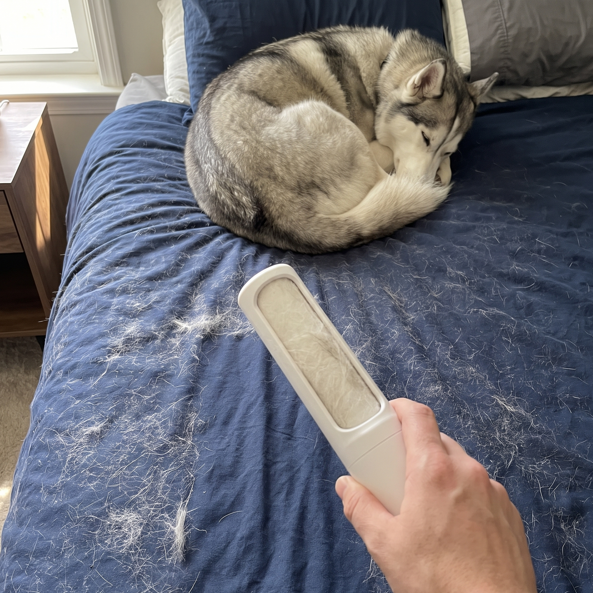 White reusable pet hair remover lifting husky fur off a navy duvet with the husky asleep nearby - wrenwood ugc lifestyle v2