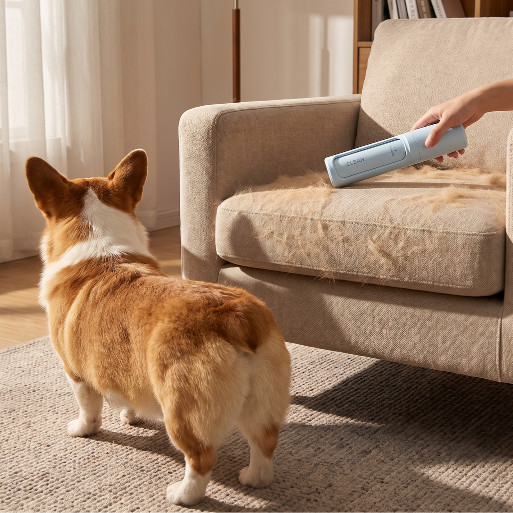 Blue reusable pet hair remover cleaning corgi fur from a beige armchair, corgi standing beside - wrenwood ugc lifestyle v2