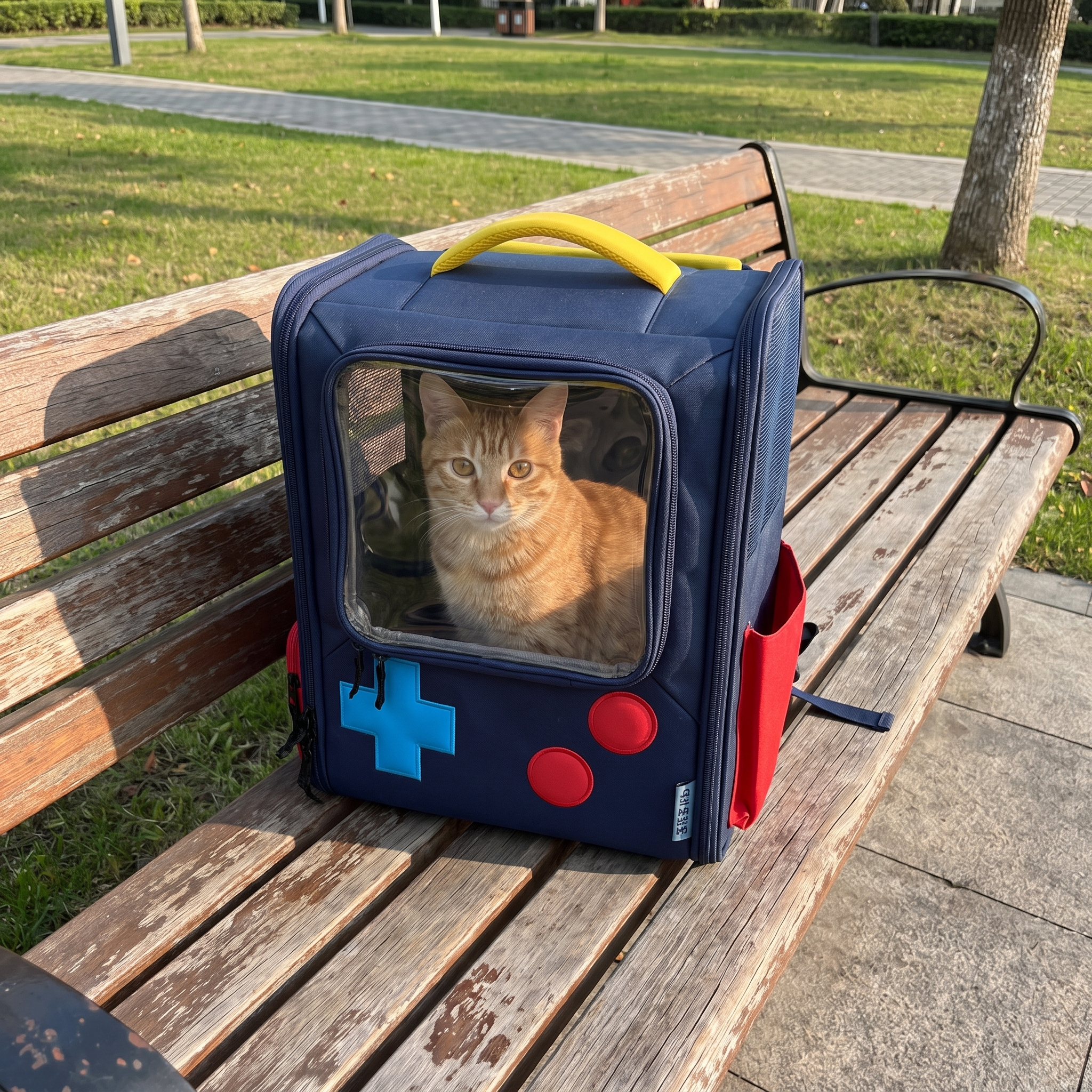 Blue retro console cat backpack sitting on a park bench with an orange tabby looking out - wrenwood ugc lifestyle v2