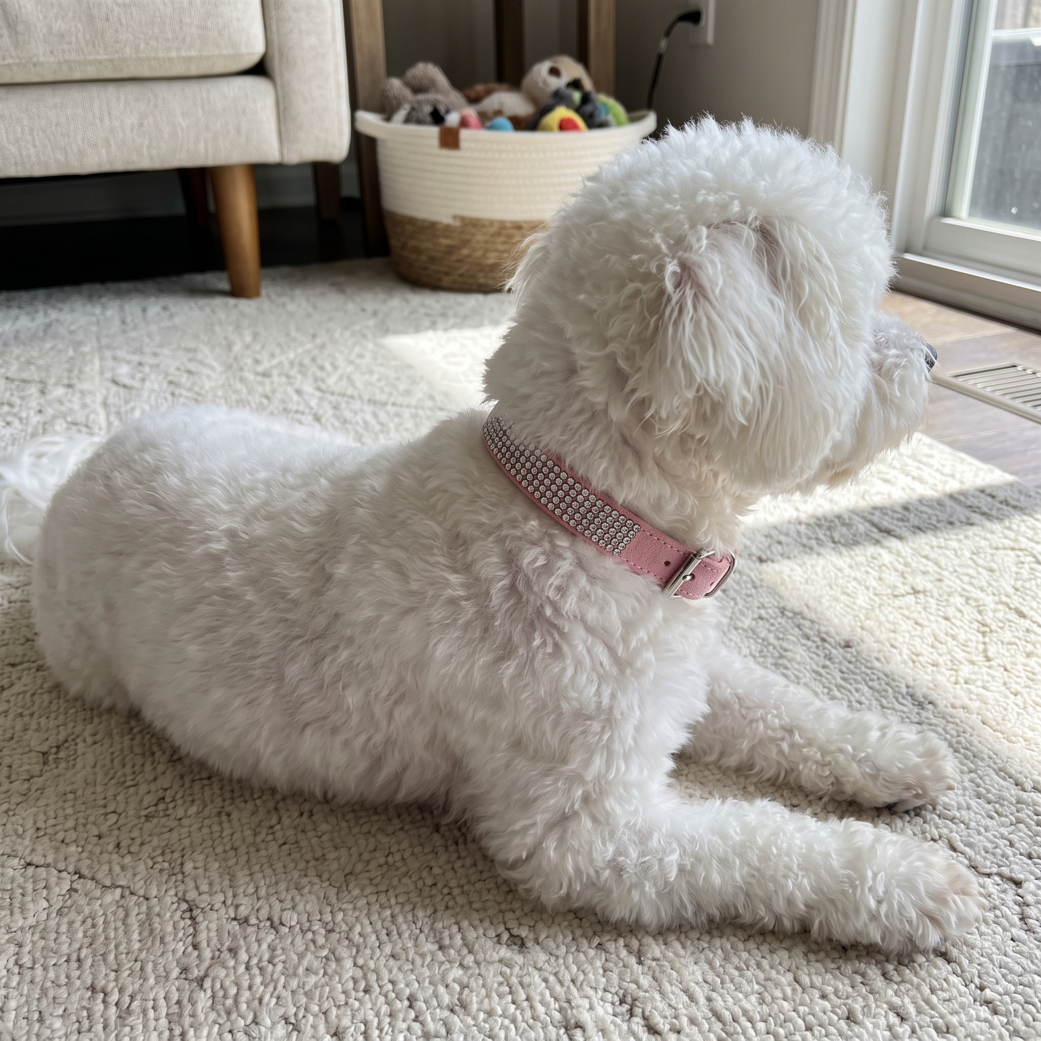 Pink rhinestone dog collar on a small white bichon lying on a living room rug - wrenwood ugc lifestyle v2