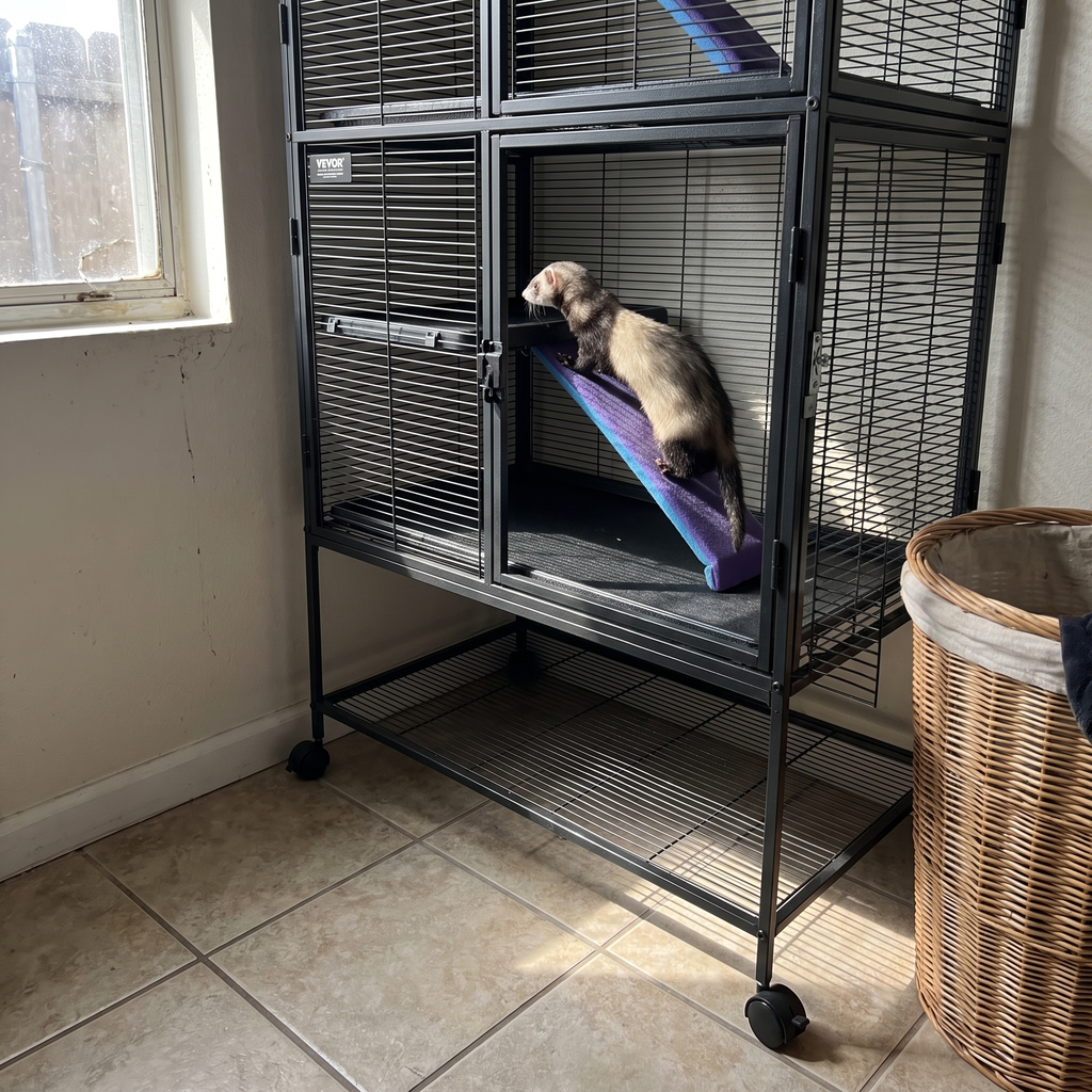Ferret climbing the ramp inside the black 2-tier rolling cage in a laundry room - wrenwood ugc lifestyle v2