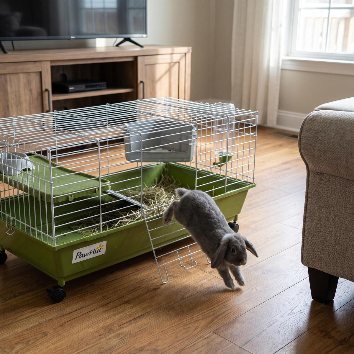 Lop-eared rabbit hopping out of the green rolling rabbit cage on a living room floor - wrenwood ugc lifestyle v2