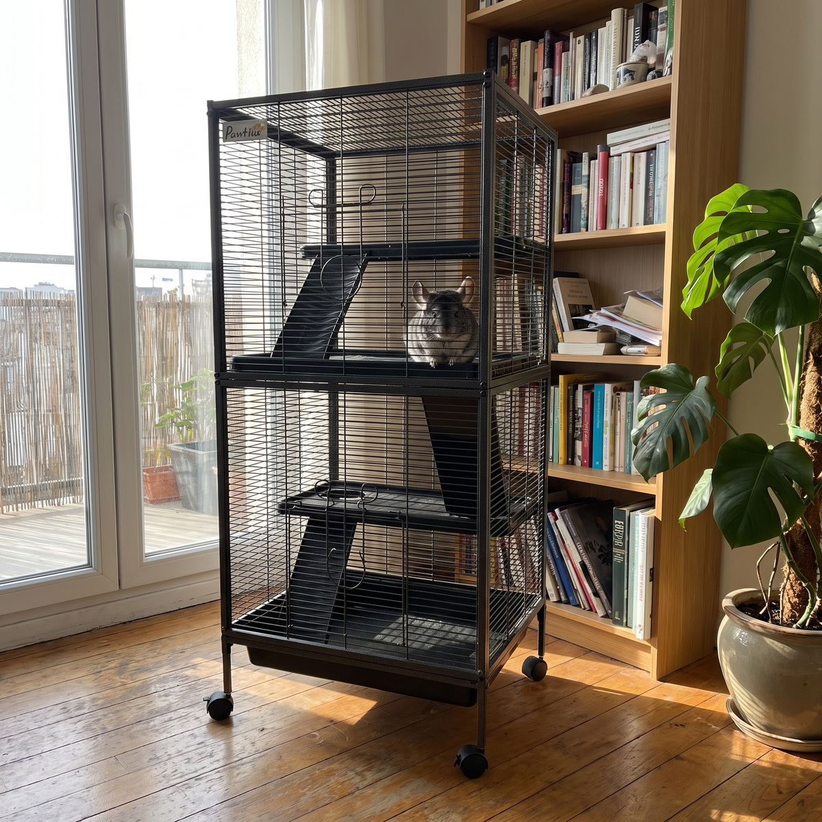Chinchilla perched on a platform in the 4-tier rolling cage in an apartment living room - wrenwood ugc lifestyle v2