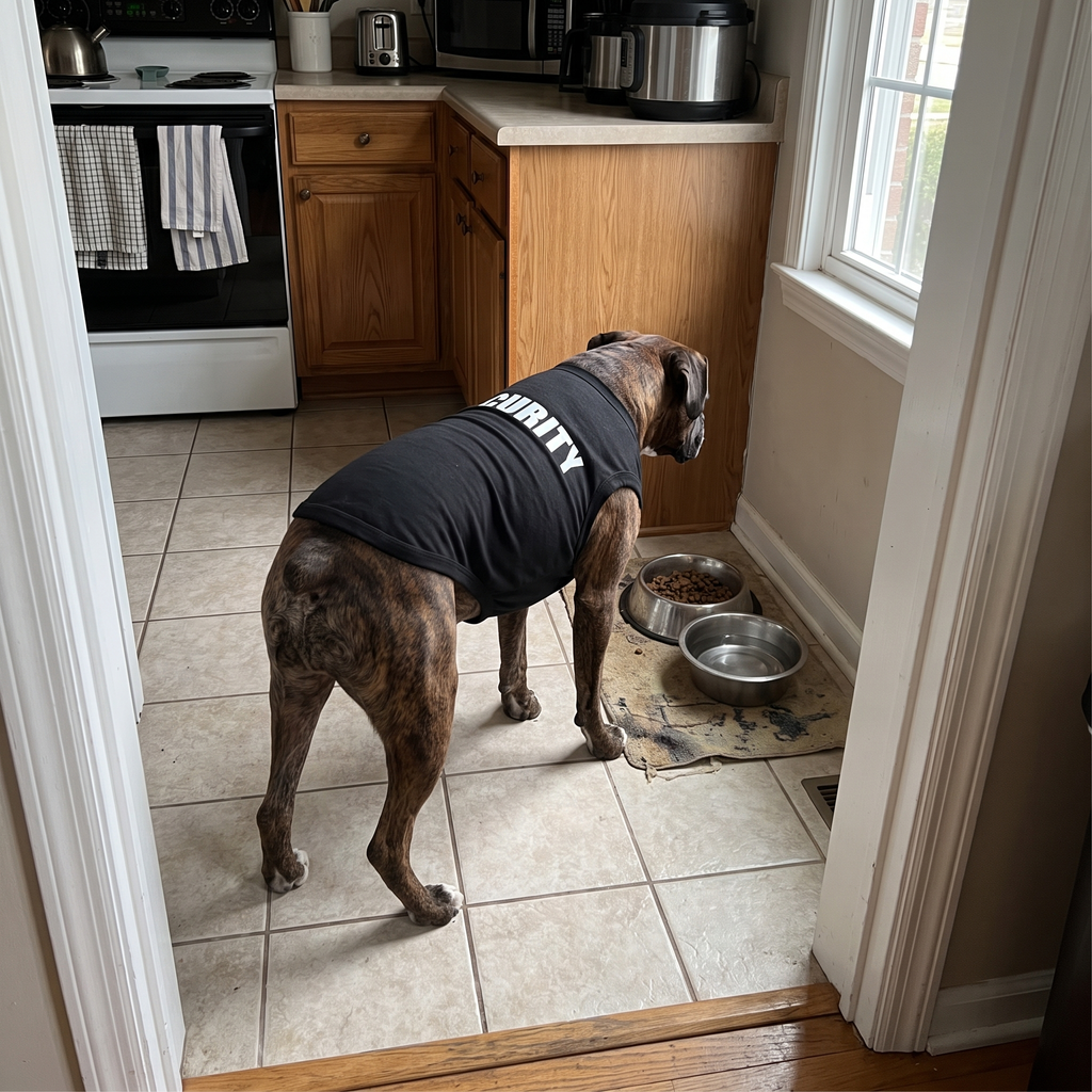 Boxer wearing the black SECURITY pet tee by its food bowls in the kitchen - wrenwood ugc lifestyle v2