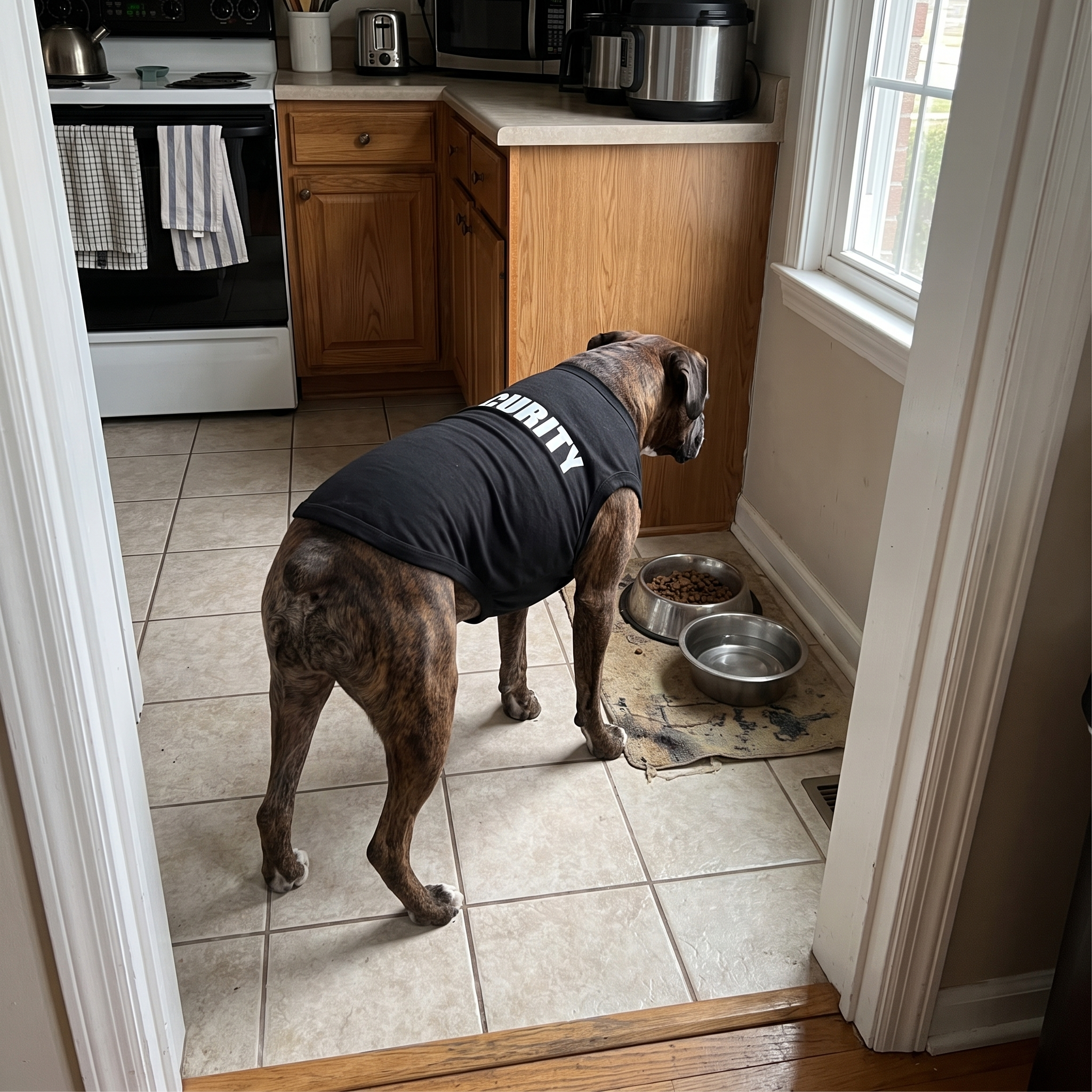 Boxer wearing the black SECURITY pet tee by its food bowls in the kitchen - wrenwood ugc lifestyle v2