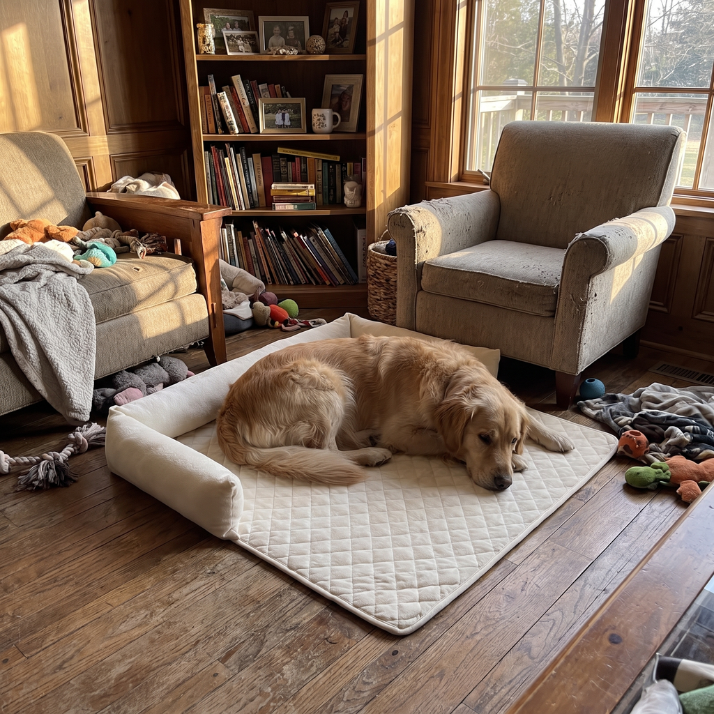Golden retriever resting on the beige plush pet sofa bed in a sunlit family den - wrenwood hero v2