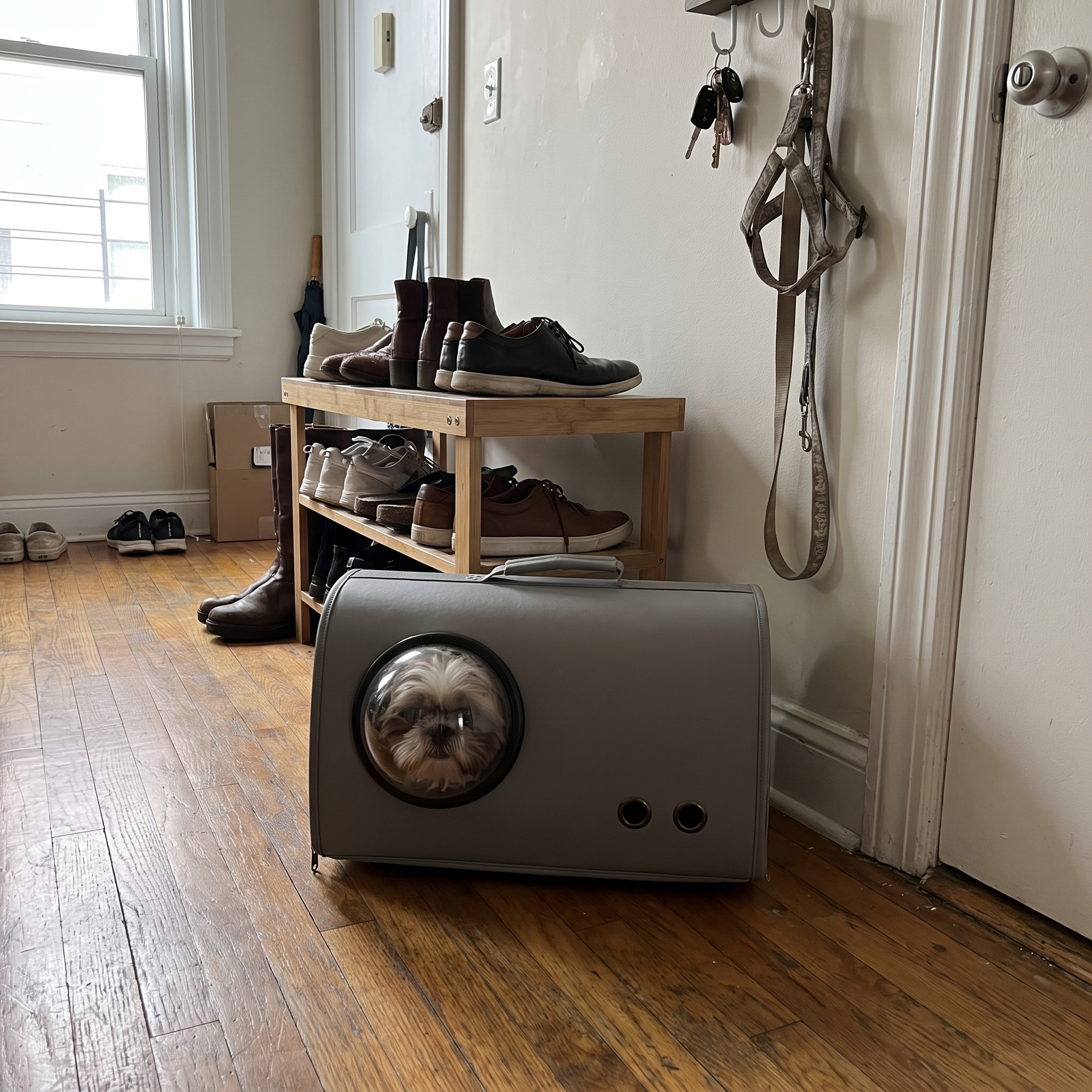 Grey pet handbag carrier on the entryway floor with a shih tzu in the bubble window waiting to leave - wrenwood ugc lifestyle v3