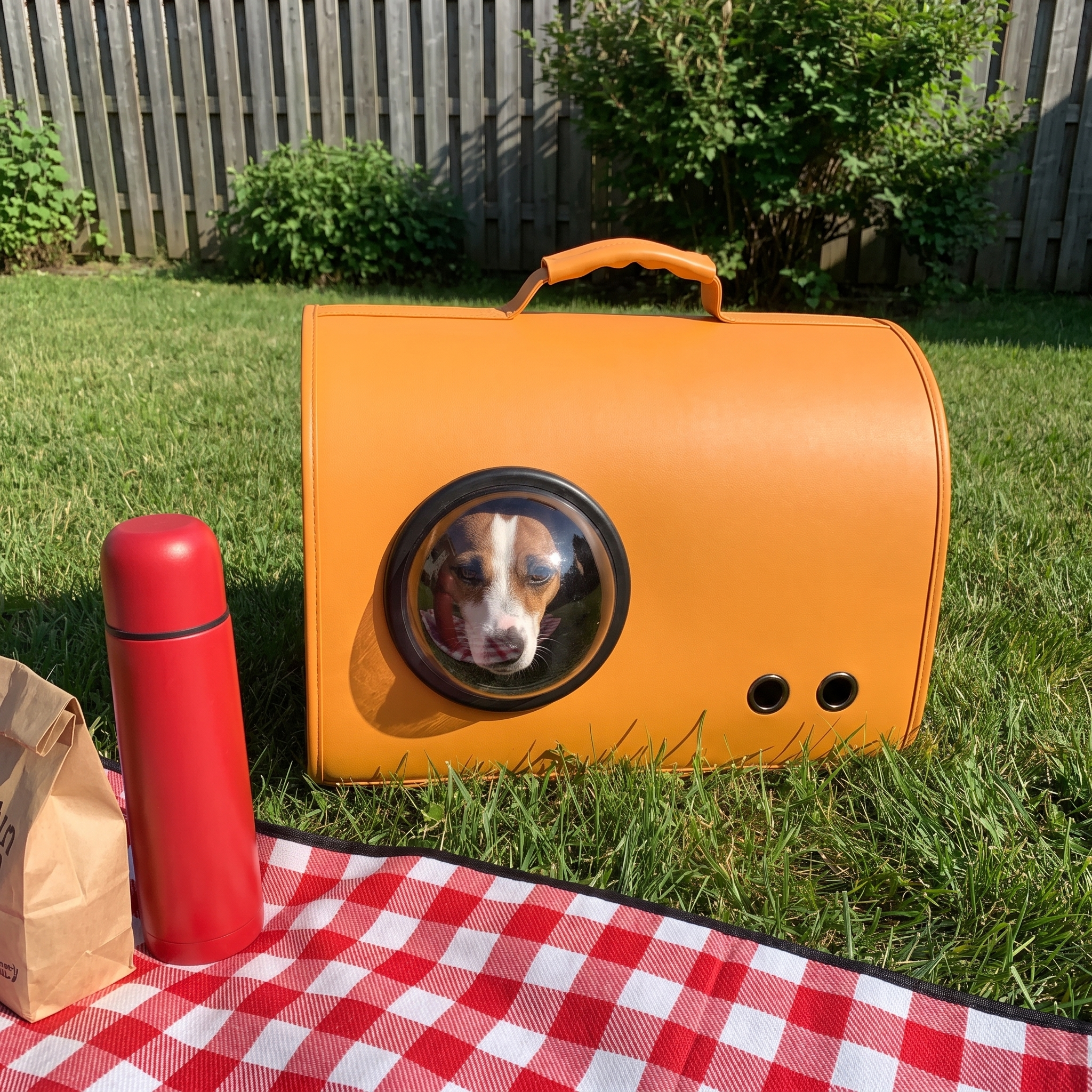 Orange pet handbag carrier on a backyard picnic lawn with a jack russell in the bubble window - wrenwood ugc lifestyle v3