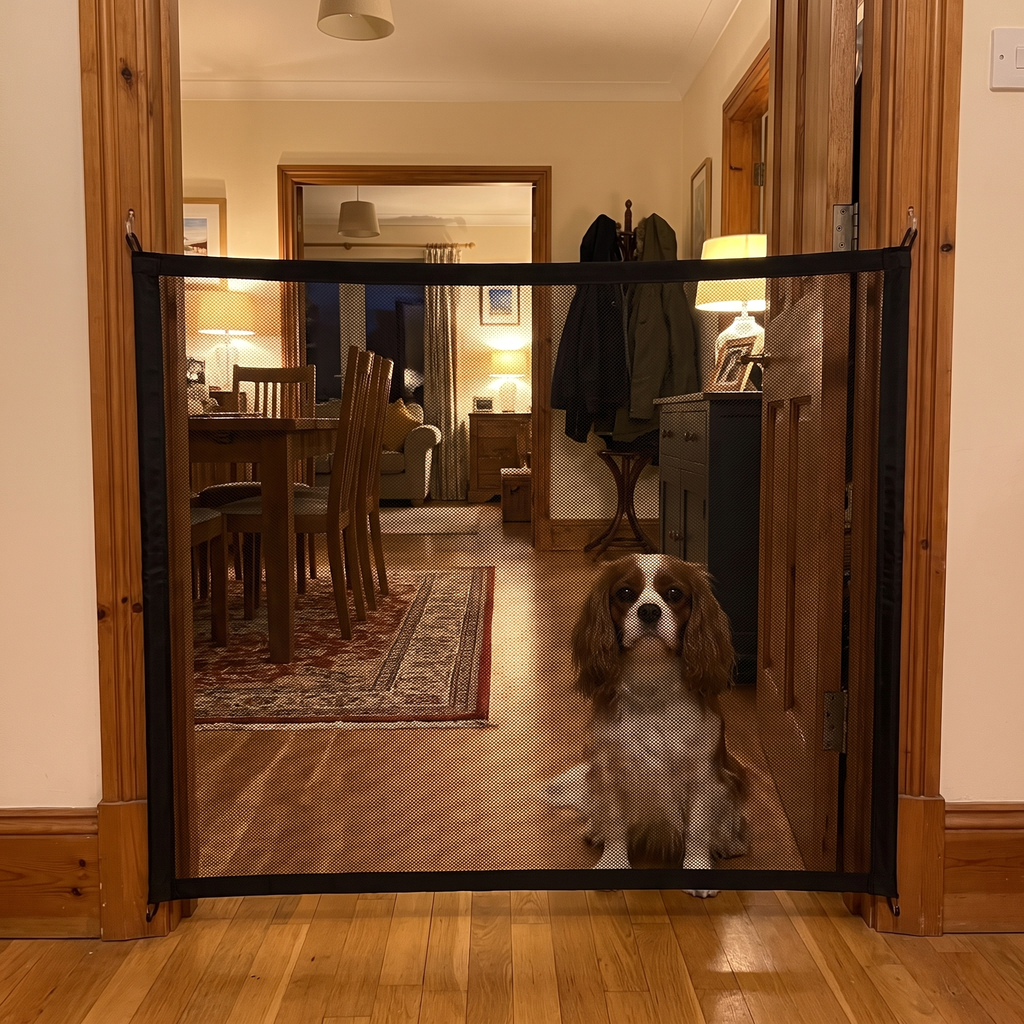 Cavalier king charles spaniel behind the black mesh pet safety gate in a wooden doorway - wrenwood hero v2