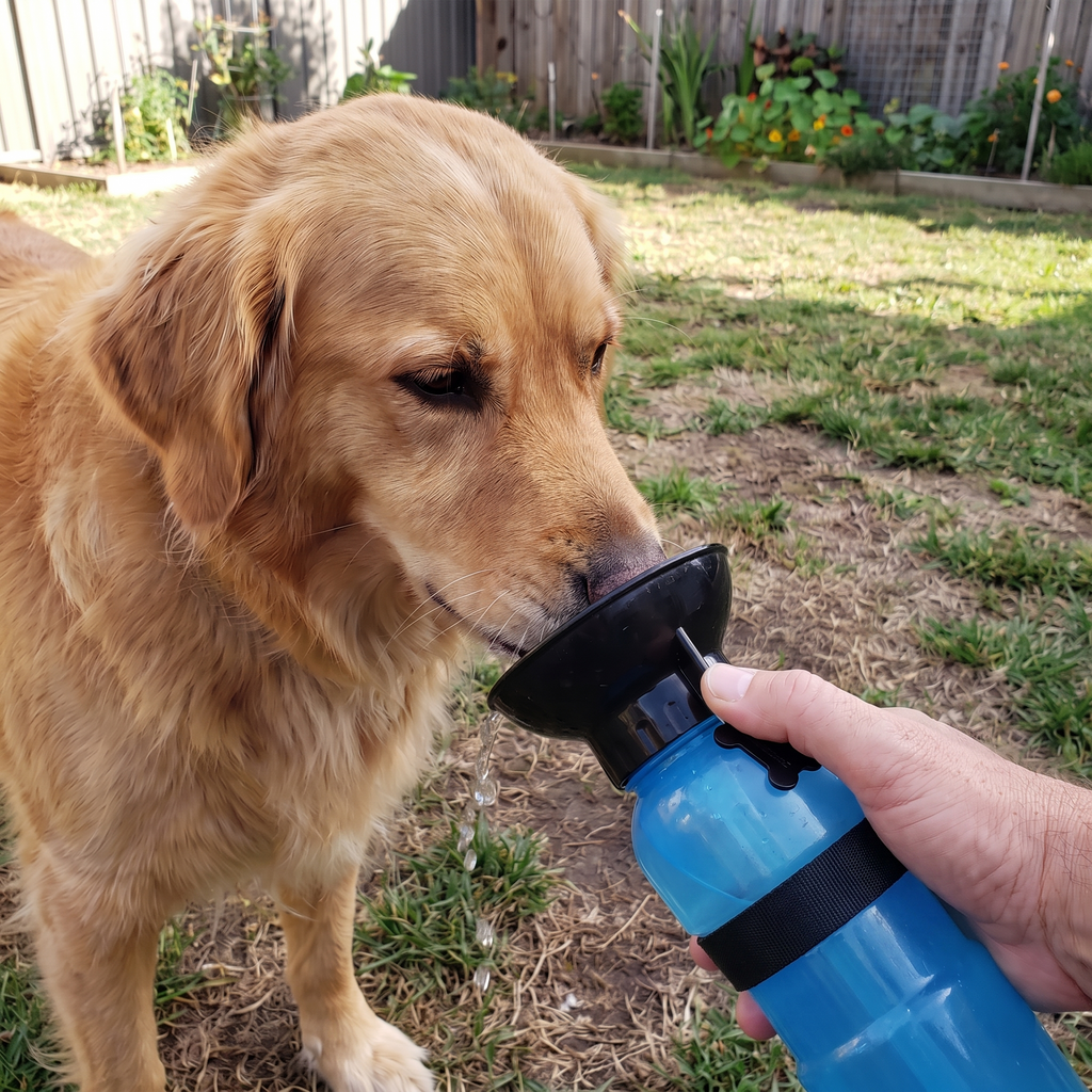 Golden retriever drinks from the blue portable water bottle in a fenced backyard.
