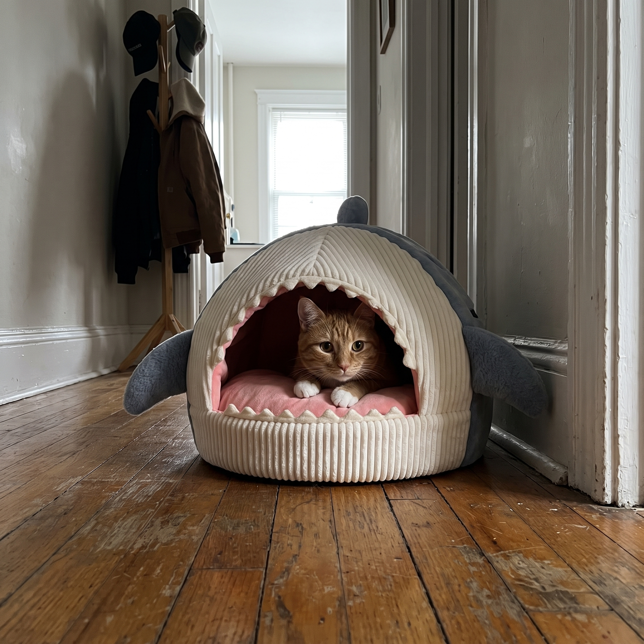 Ginger cat peeking out of the shark cat cave bed in a hallway - wrenwood ugc lifestyle v3