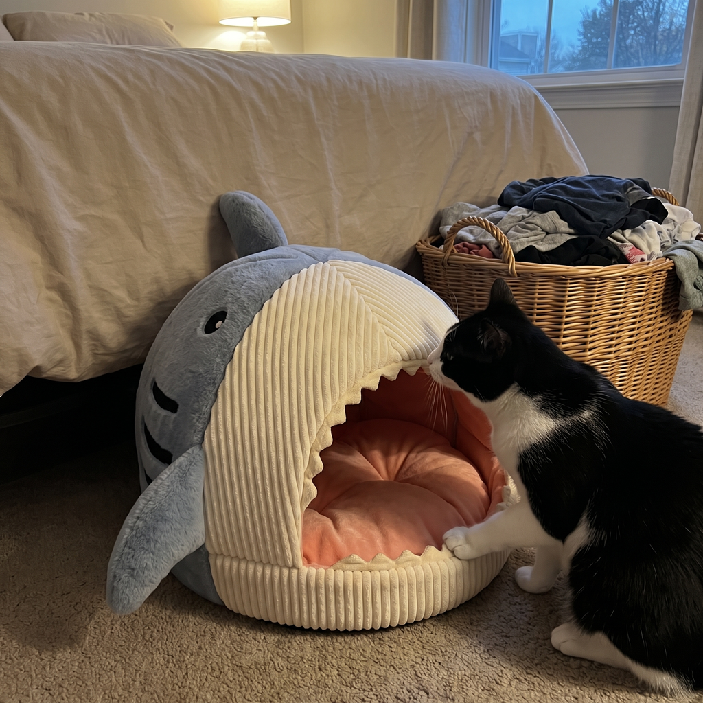 Tuxedo cat sniffing the shark cat cave bed opening in a bedroom - wrenwood ugc lifestyle v3