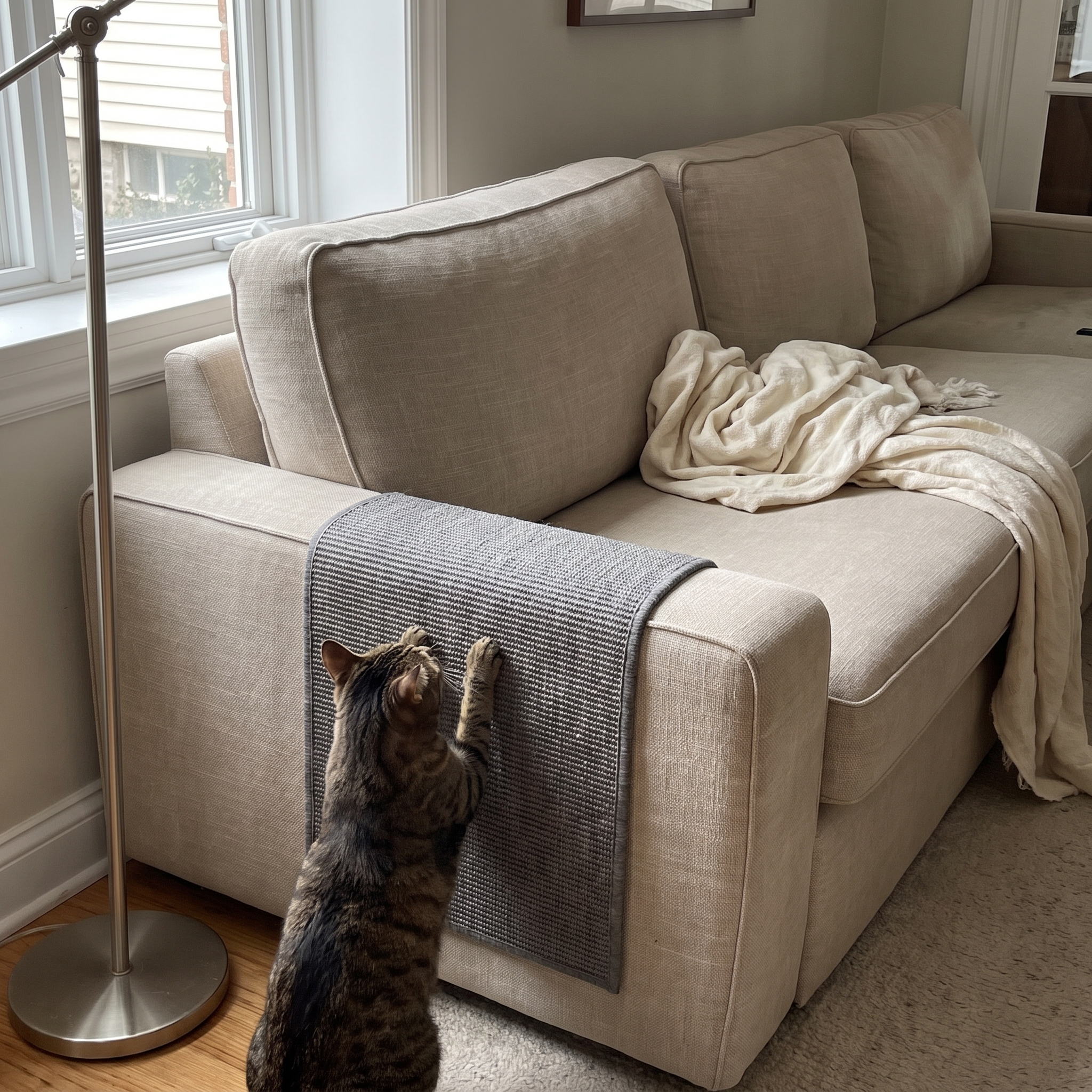 Tabby cat scratching the sisal scratcher mat installed over a beige couch arm - wrenwood ugc lifestyle v2